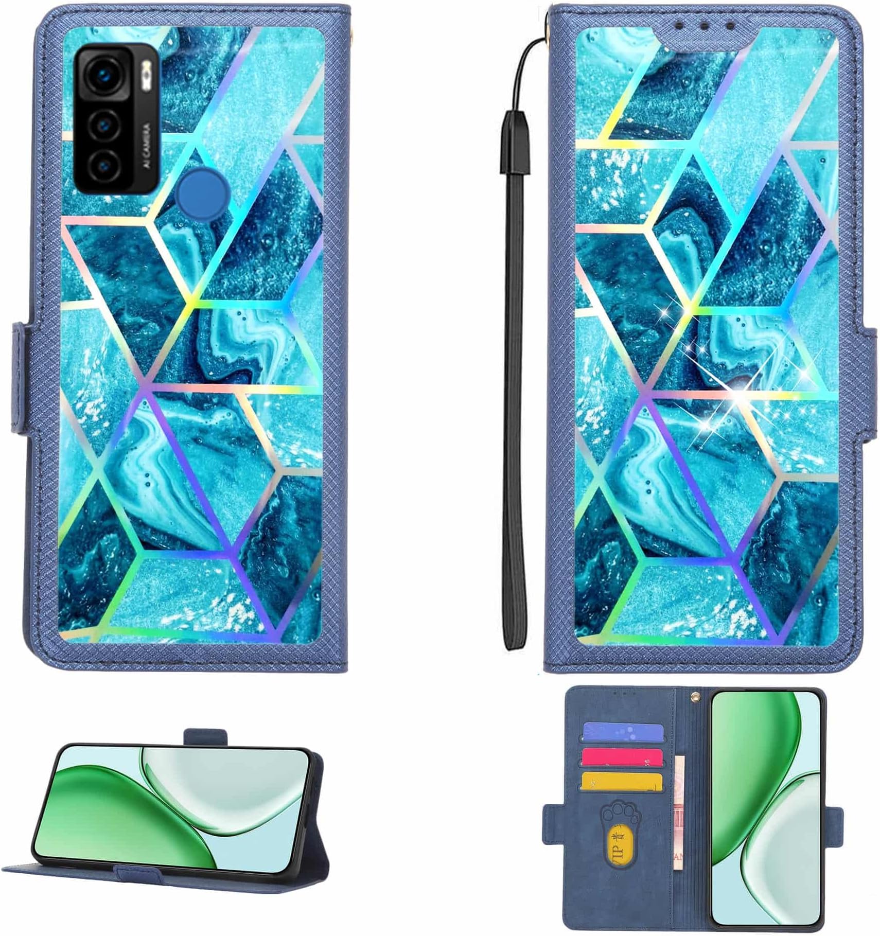 Case Compatible for HISENSE E60 LITE Phone Case Flip Cover [with Tempered Glass Screen Protector][RFID Blocking][Colorful Reflect Light] LPT-LS