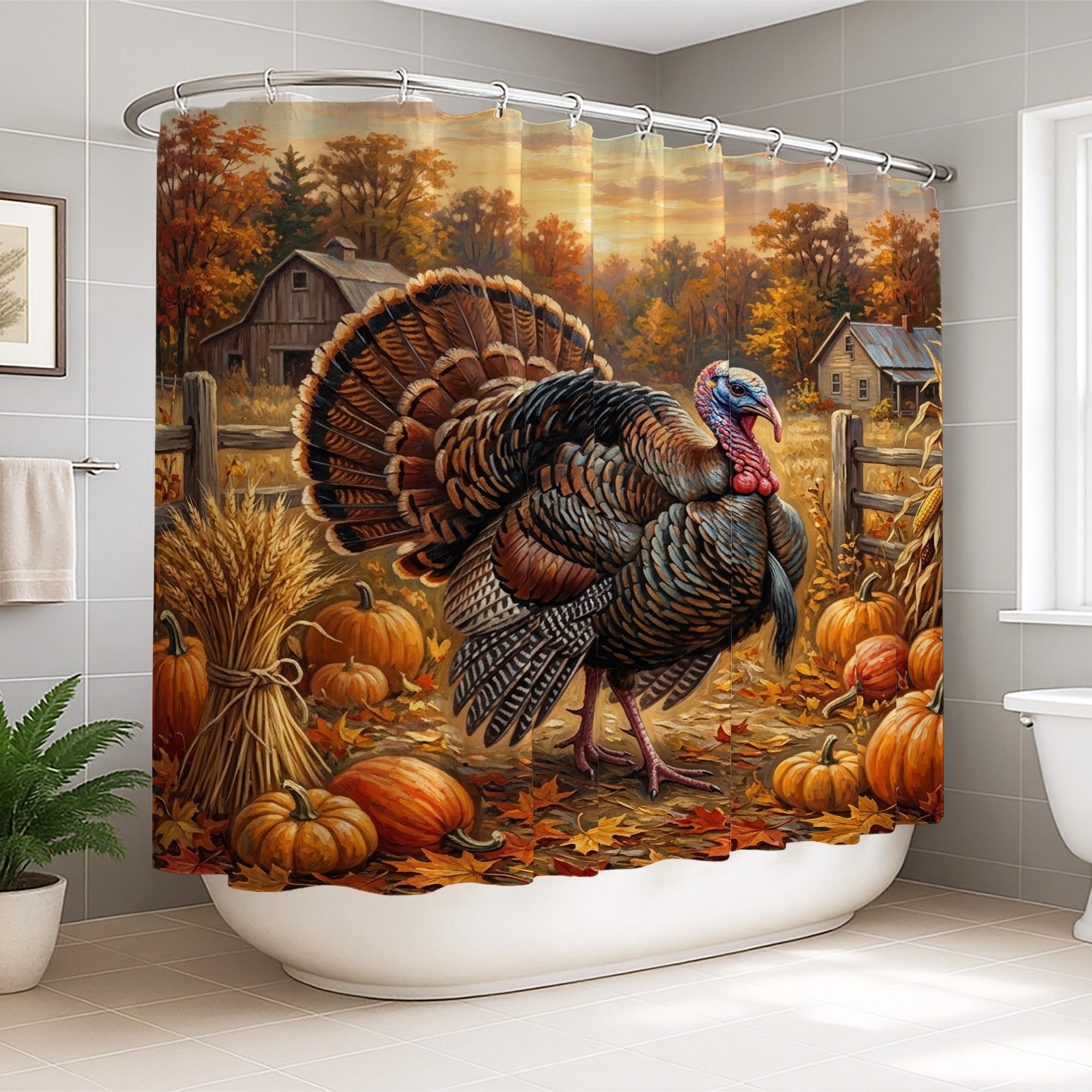 Rideau de douche motif Turquie et citrouilles rustiques 274 x 183 cm avec crochets