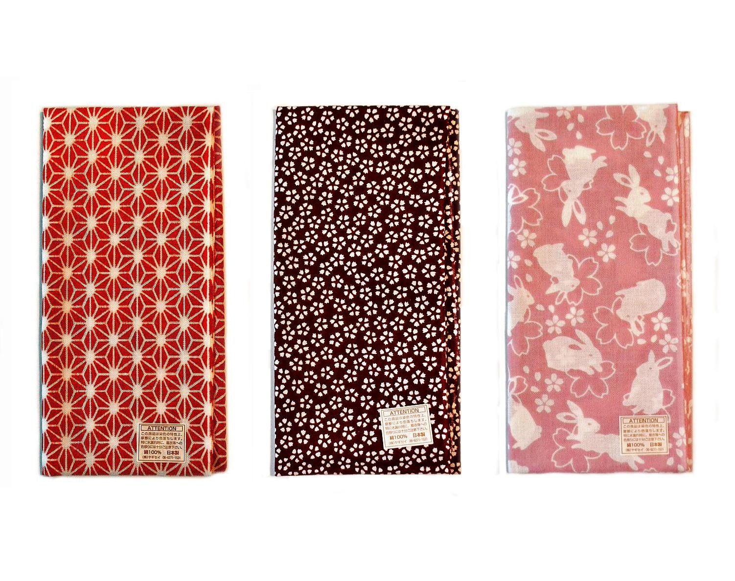 Made in Japan Komon Tenugui Towel 3 type set(Flax Leaf, Sakura, Rabbit)