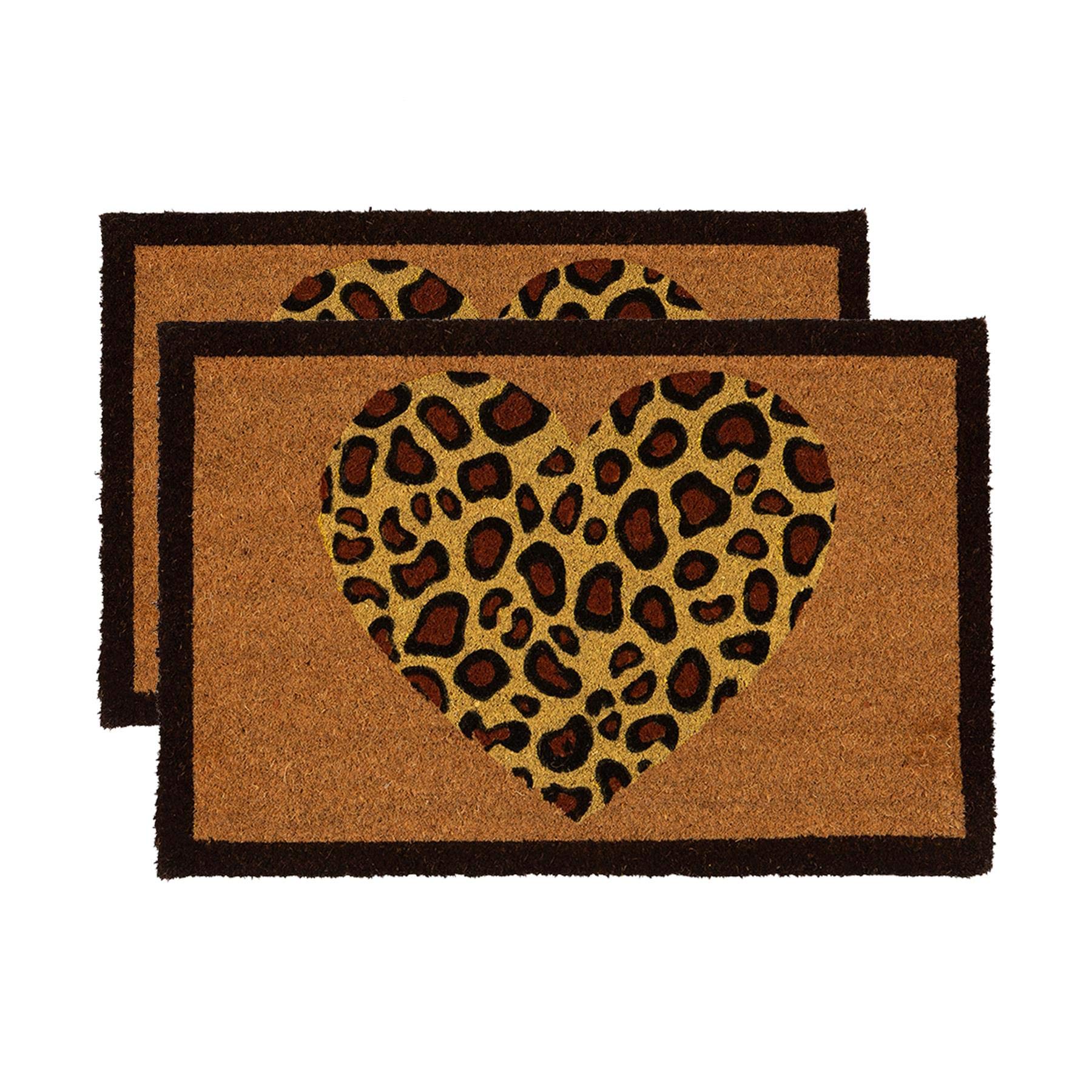 Nicola Spring Coir Door Mat - 60 x 40cm - Leopard Heart - Pack of 2 - Decorative Indoor Front Door Floor Mat Entry Dirt Trapper Rug Outdoor Boot Scraper Non Slip Backing Doormat