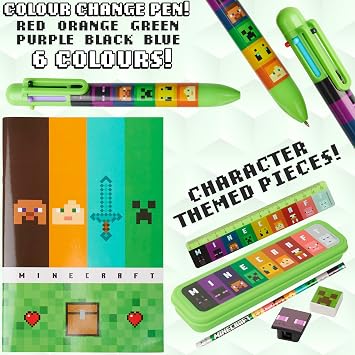 Minecraft Pencil Case and Stationery Set for Kids Filled Pencil Pouch Notebook Sticky Notes Pencils Creeper School Supplies Gamer Gifts for Kids (Green/Multi)
