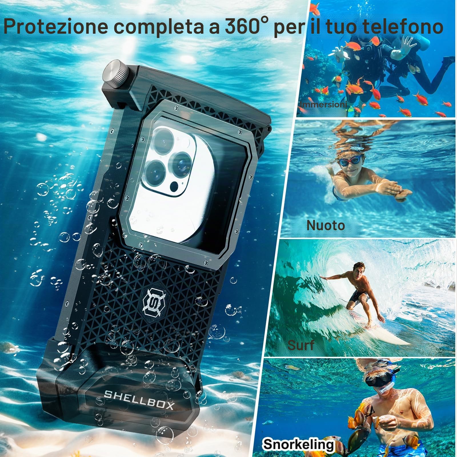 ShellBox Cover impermeabile per telefono Protezione subacquea fino a 30m Borsa impermeabile per telefono Borsa impermeabile per telefono Impermeabile per nuoto e bagno per iPhone 17 Pro 17 Air 17 Pro