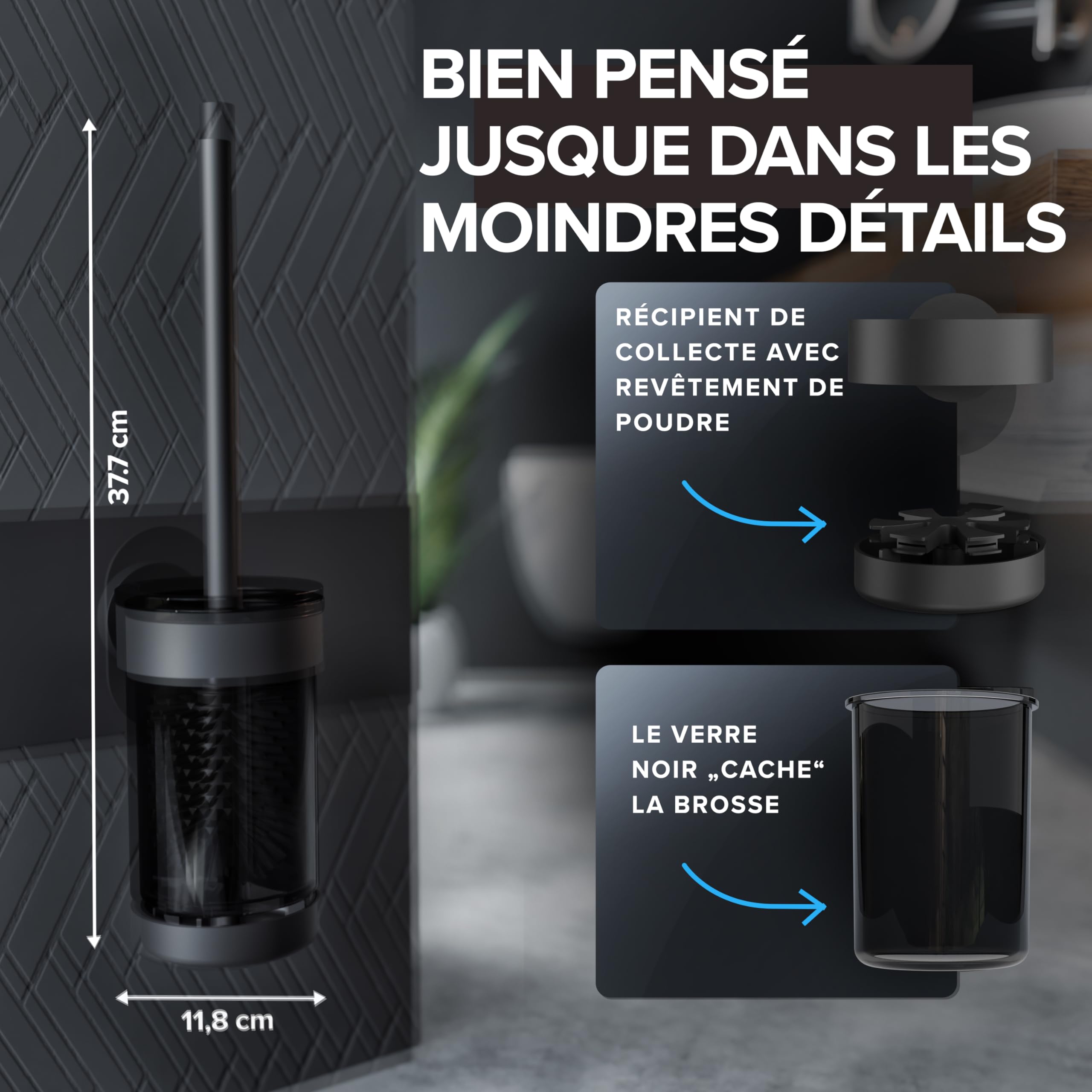 ovimar Brosse WC Finnkona - Noir - Montage Mural avec perçage - Brosse WC en Silicone - Fonction Ventilation - pour percer ou Coller - en Acier Inoxydable revêtu par pulvérisation