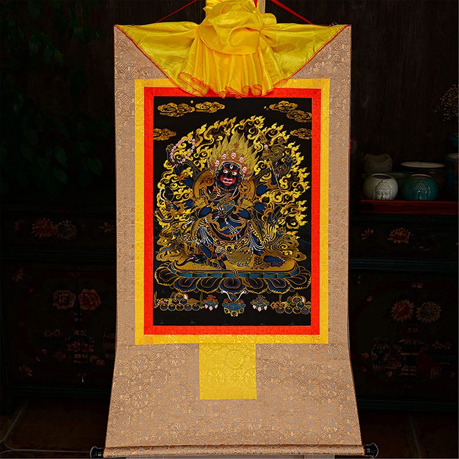 Gobelin Thangka, buddyjska statua malarstwa Buddy, gobelin Buddy ze zwojem, sześcioramienna mahakala, bóstwo obrońcy, tybetańska statua Buddy malarstwa artystycznego, gobelin Buddy ze zwojem, typ czarny