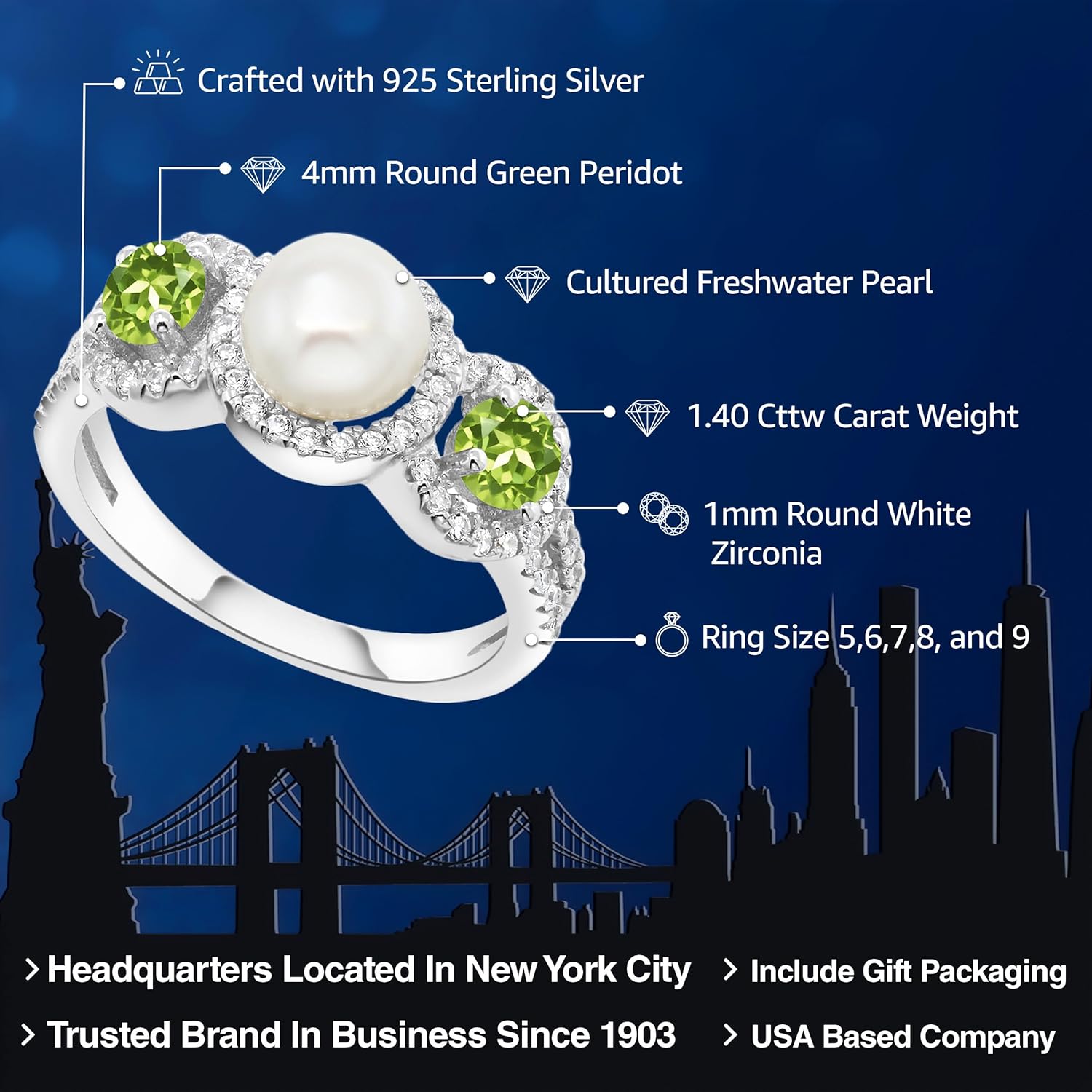 Gem Stone King Cultured Freshwater Pearl and Gemstone Birthstone Ring for Women | 925 Sterling Silver | Round 4MM | Fine Jewelry Gifts for Her Mom Women Wife