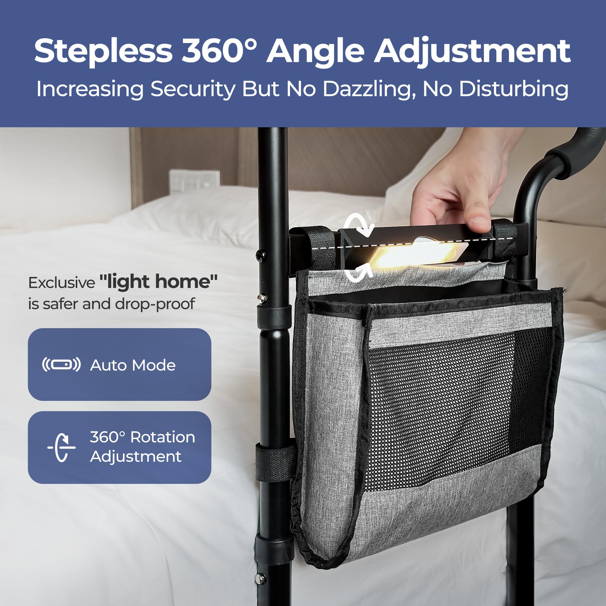 C3 Pro Barriera Letto, Sponda Letto con corrimano più ampio Anticaduta per Anziani e Disabili, Le gambe di estensione forniscono stabilità, Regolabile in Altezza, Luci LED per Evitare Cadute Notturne