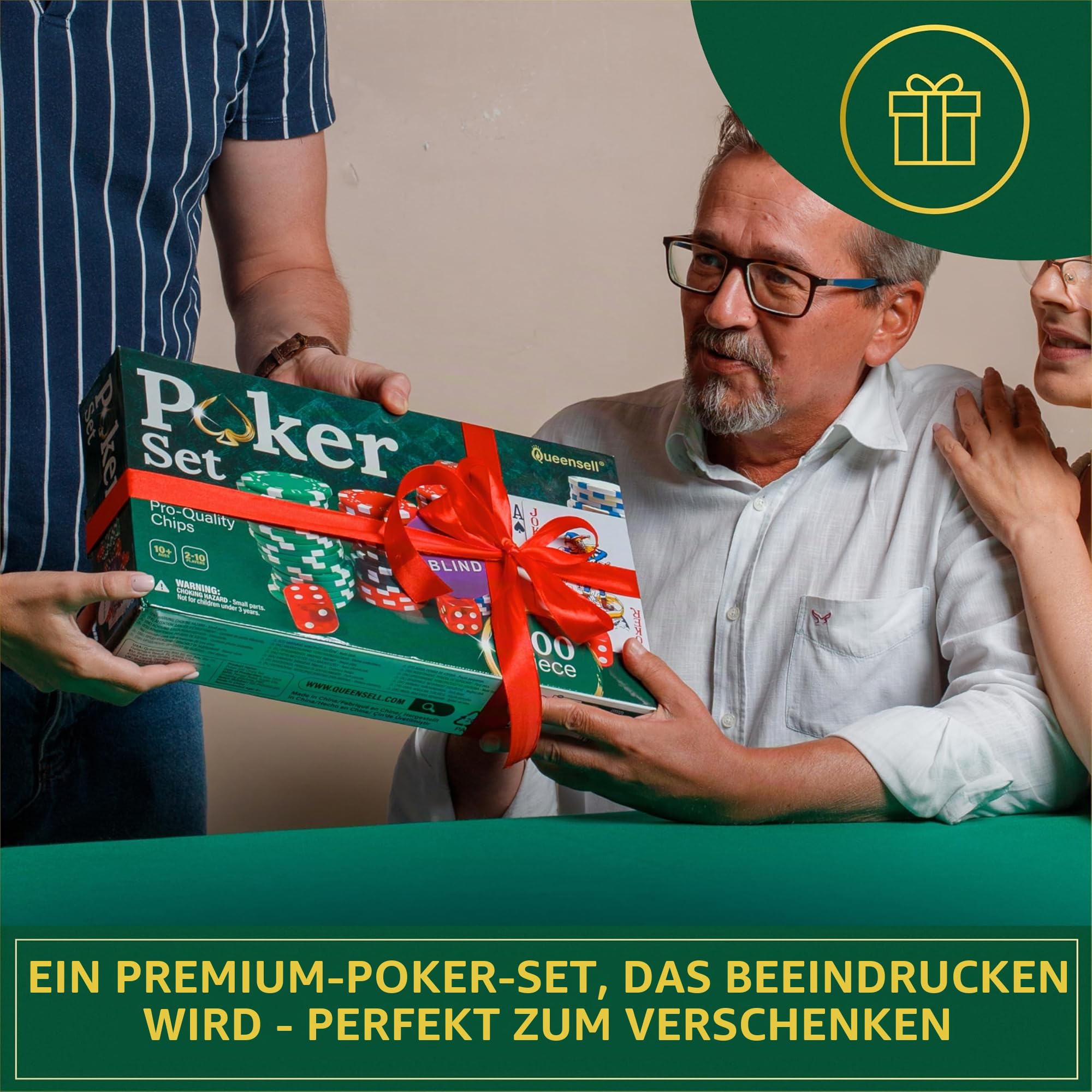 Queensell Pokerkoffer mit 300 Poker Chips für Texas Holdem – Profi Poker Set mit Aluminium Koffer, Pokerkarten, Dealer Button & Würfeln