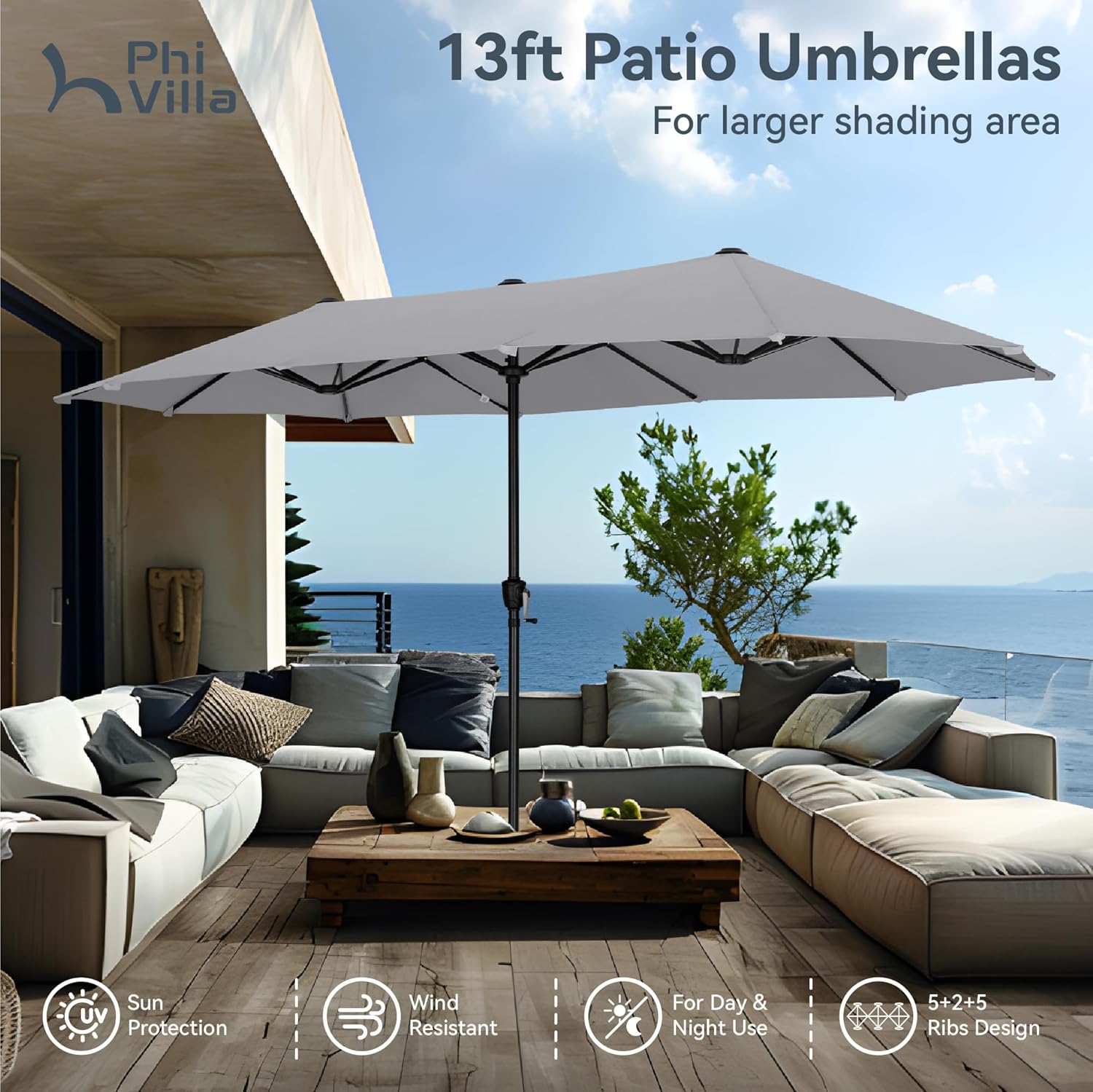 PHI VILLA 13ft Large Patio Umbrellas, Double-Sided Outdoor Market Rectangle Umbrella for Outside, Light Gray