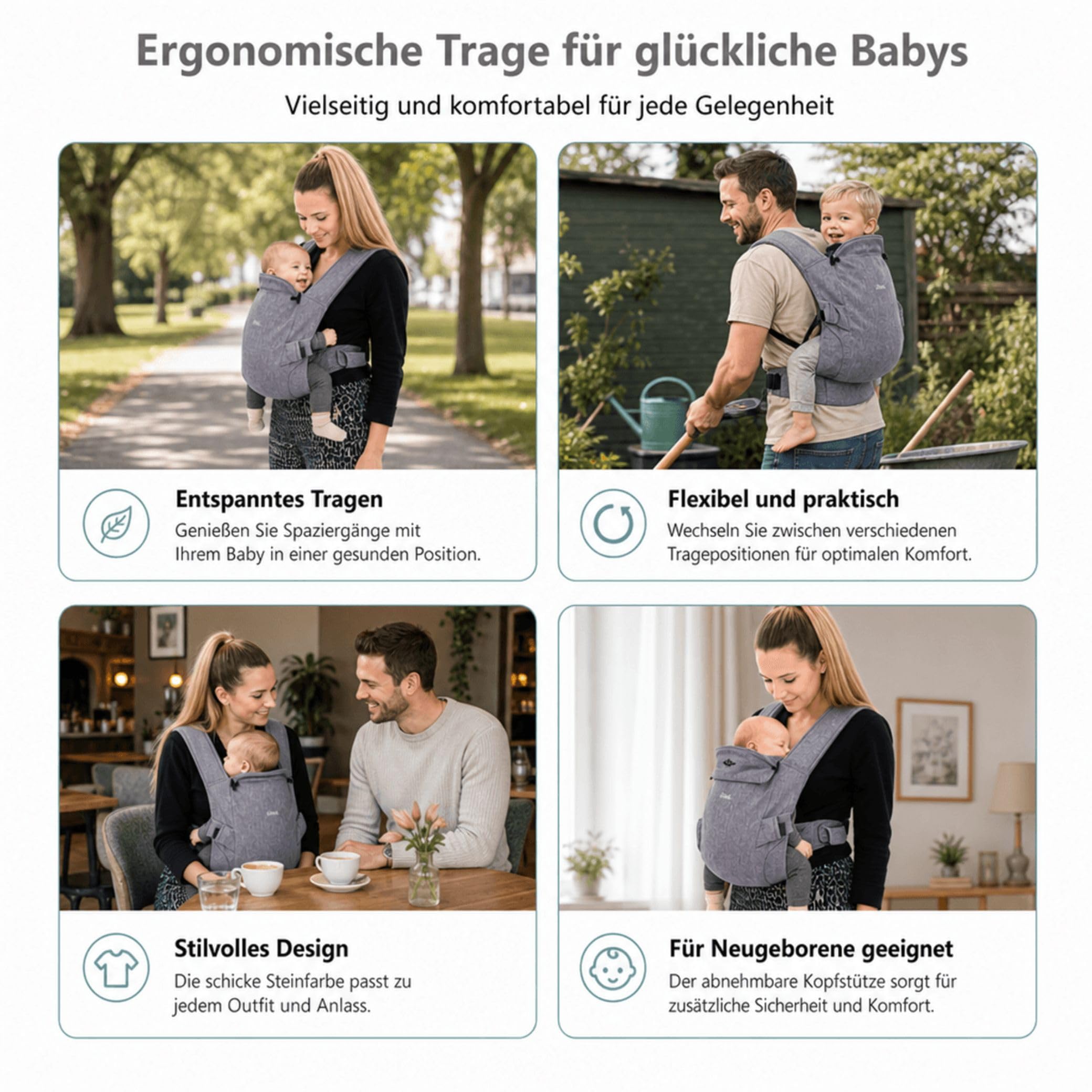 Fillikid Bauchtrage, ergonomische Babytrage | Inkl. Kopf- & Nackenstütze, Rückentrage für Säuglinge & Kleinkinder, 5-20kg