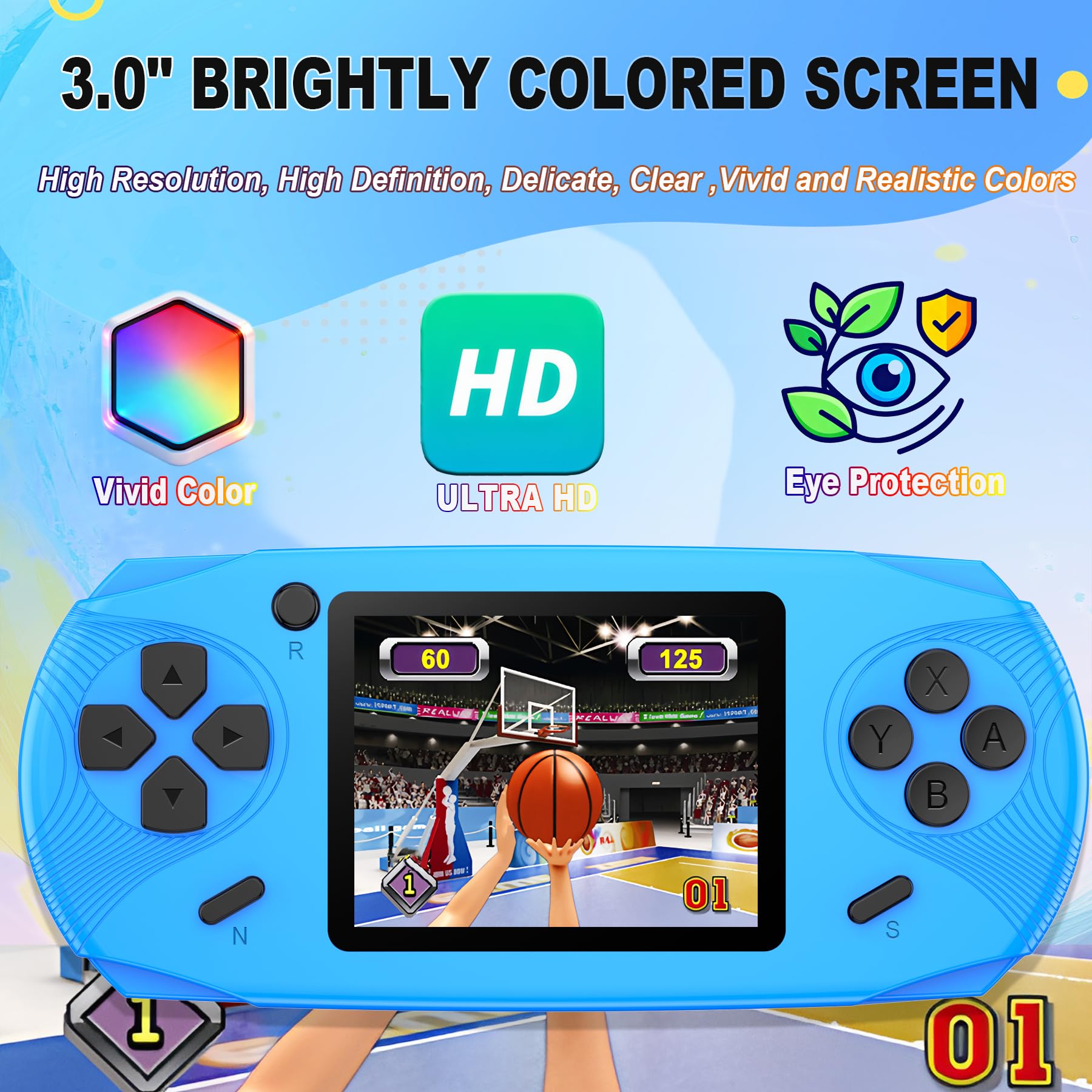 16 Bit Handheld Spielekonsole für Kinder 220 Retro-Videospiele Blau | 3.0 Zoll HD Display, USB-C Wiederaufladbar, 6+Hrs Spielzeit,Tragbar,Einfach zu Bedienen,Geschenk für Jungen Mädchen