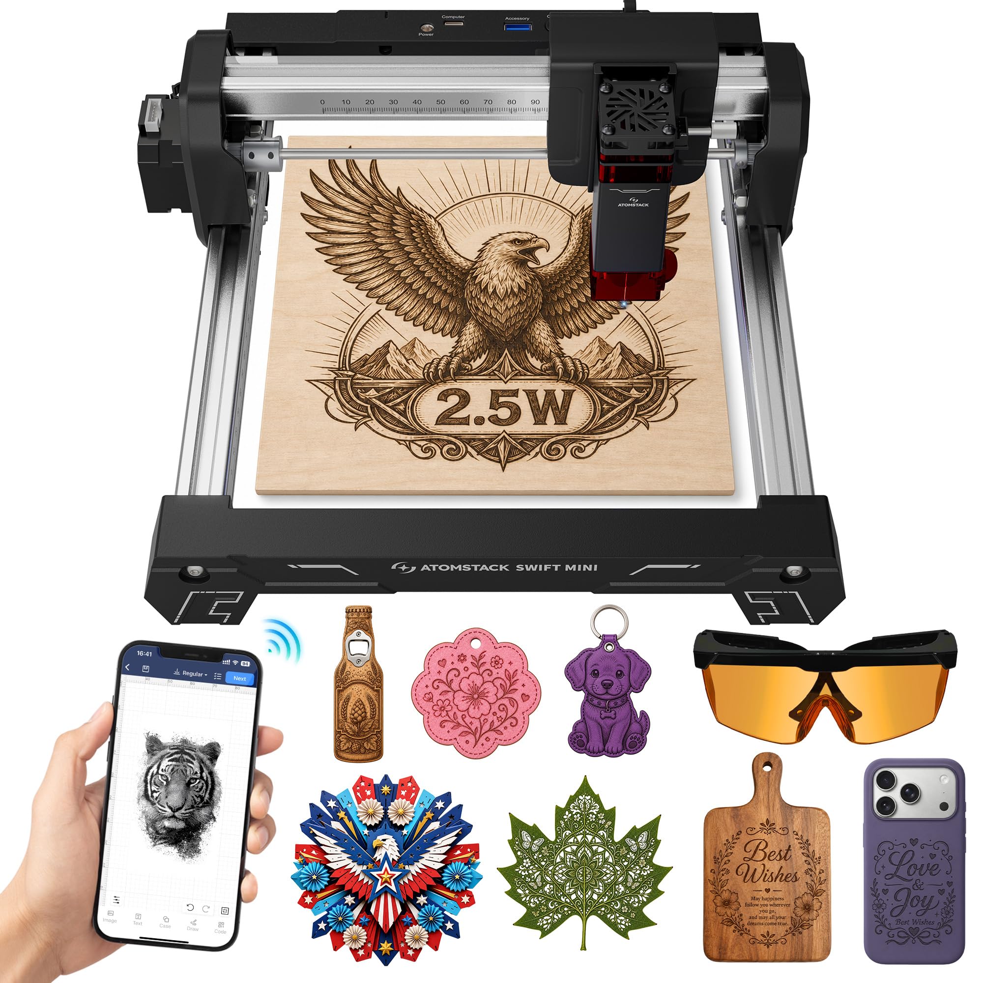 ATOMSTACK Swift Laser Engraver Machine, Compact, Black, 2.5W Laser Cutter