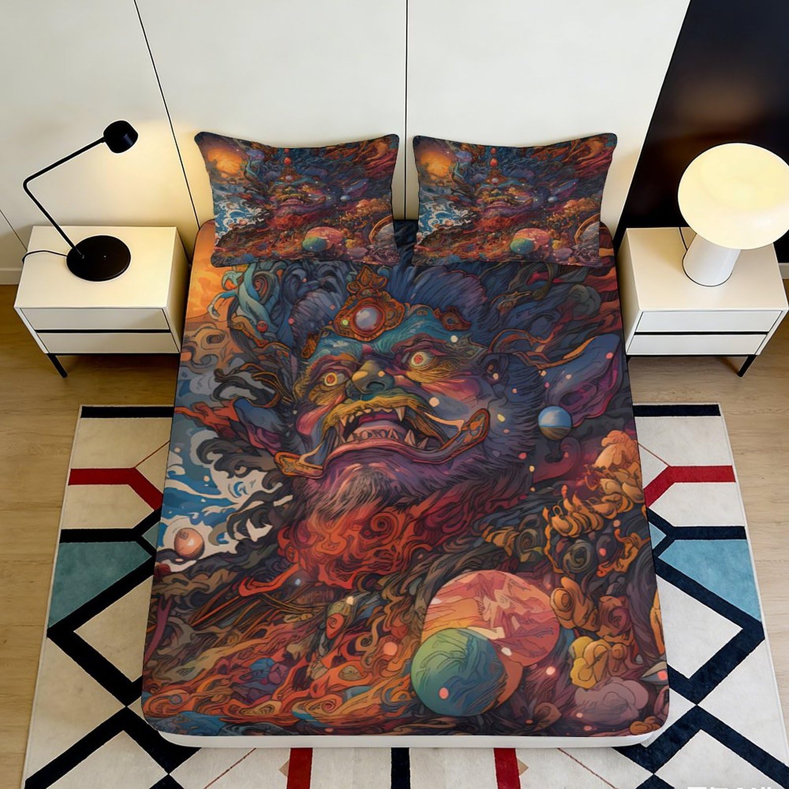 3D Printed Mythical Demon Fitted Sheet Microfiber Vibrant Artistic Bed Cover for Bedroom Dorm Decor Mattress Protection 90x200x25cm