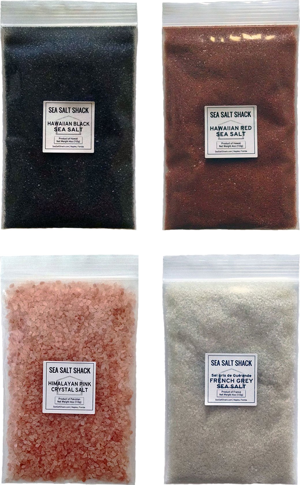 Sea Salt Shack Classic Variety 4 Pack | Himalayan Pink Crystal Salt, French Grey Sea Salt, Red Alaea Hawaiian Sea Salt, Black Lava Hawaiian Sea Salt (4oz Each)