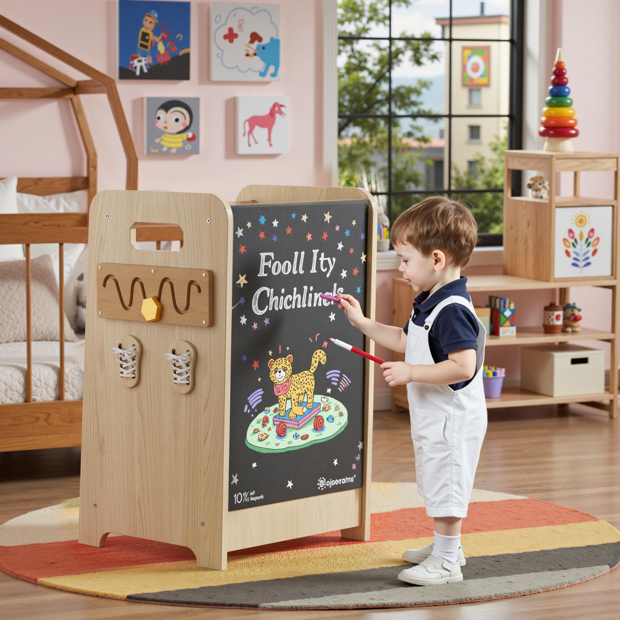 Torretta Montessoriana 4 in 1 Multifunzionale Torre Didattica con Lavagna e Scala Scorrevole per Bambini da 1 Anno