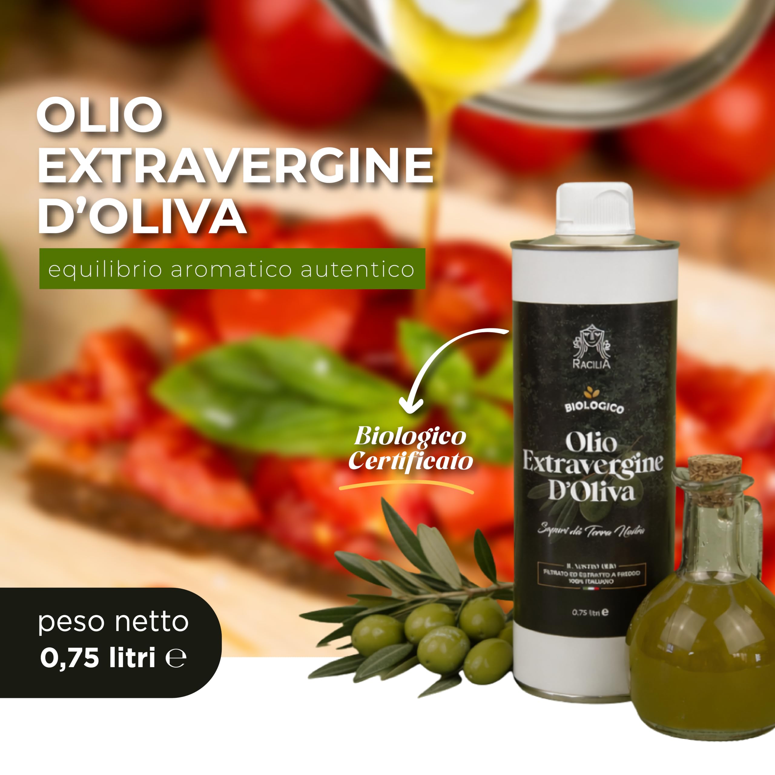 RACILIA Olio Extravergine di Oliva Biologico - Olio Evo Bio 100% Italiano, Spremuto a Freddo - 750 ml