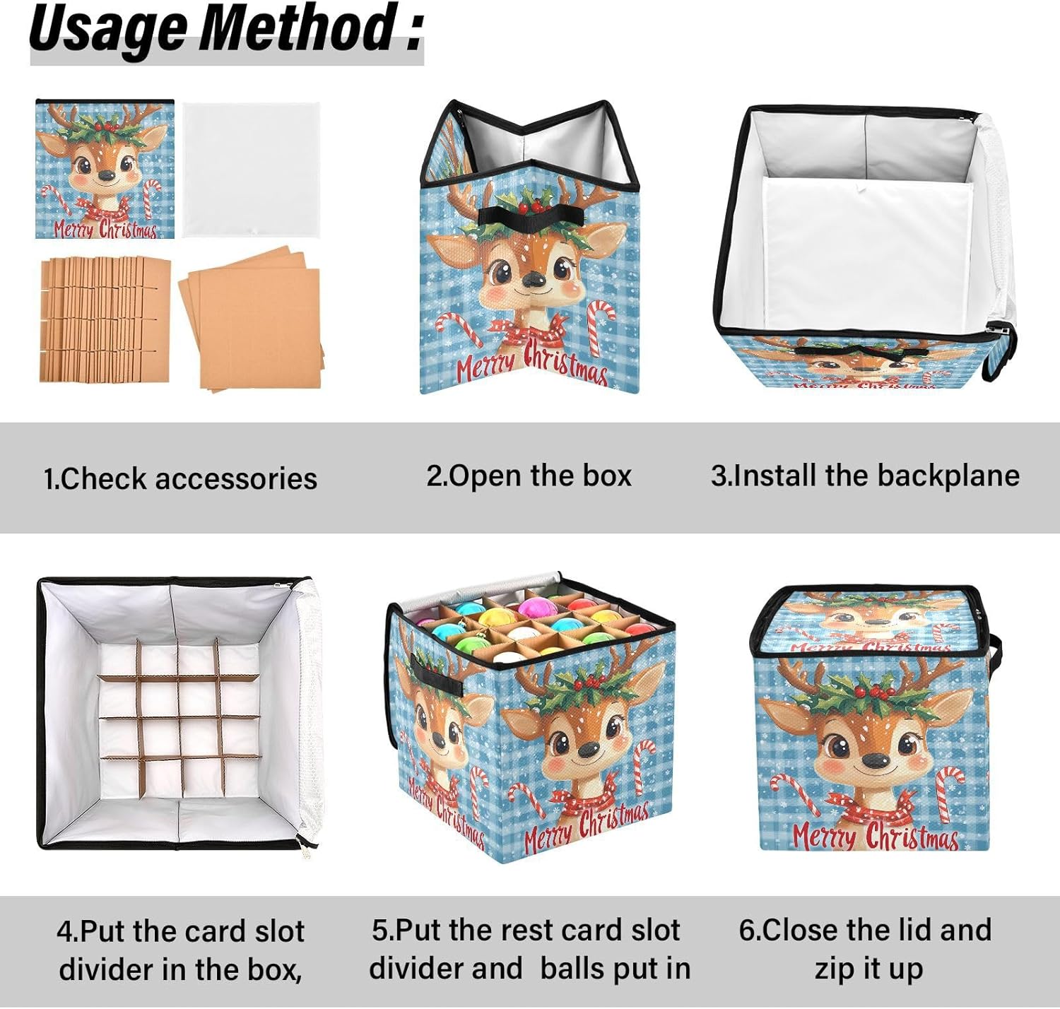 High Capacity Christmas ornament storage bag Holds Up to 64, Adjustable Dividers Holiday Storage Case with Lid,Merry Christmas Elk Snowflake Buffalo Plaid Blue