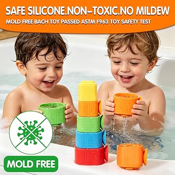 Suction Cup Bath Toys for Toddlers: 5PCS Waterfall Stacking Cups Bathtub Toys for Babies & Infants, Essential Bathtime Silicone Water Toys, Sensory Stocking Stuffers for Boys & Girls 1 2 3 4 Years