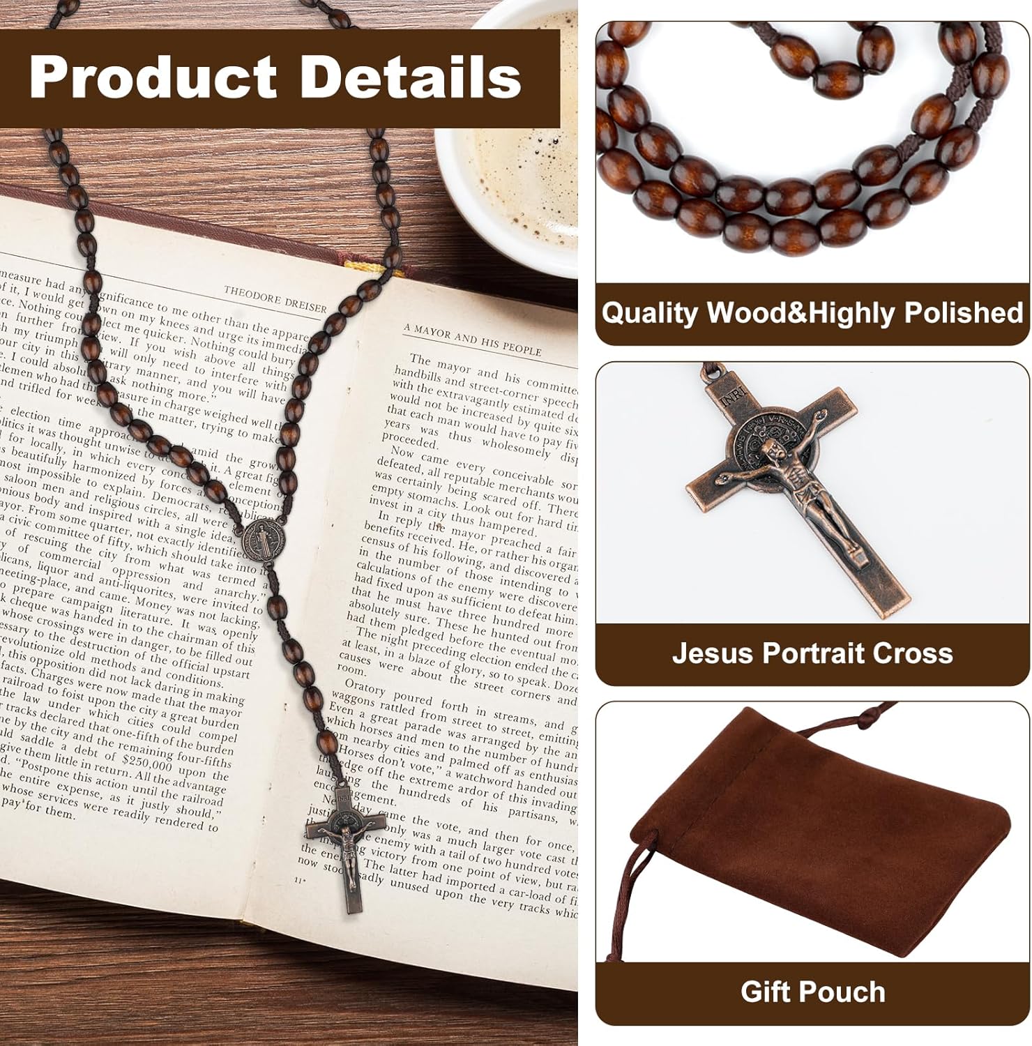 Wooden Bead Rosary Necklace, Catholic Rosary Wood Carved Beads with Jesus Cross, Wood Rosarys Beads Necklace Bulk with Organza Bags Pouch Baptism Favors Catholic Gift for Men Women - Image 3