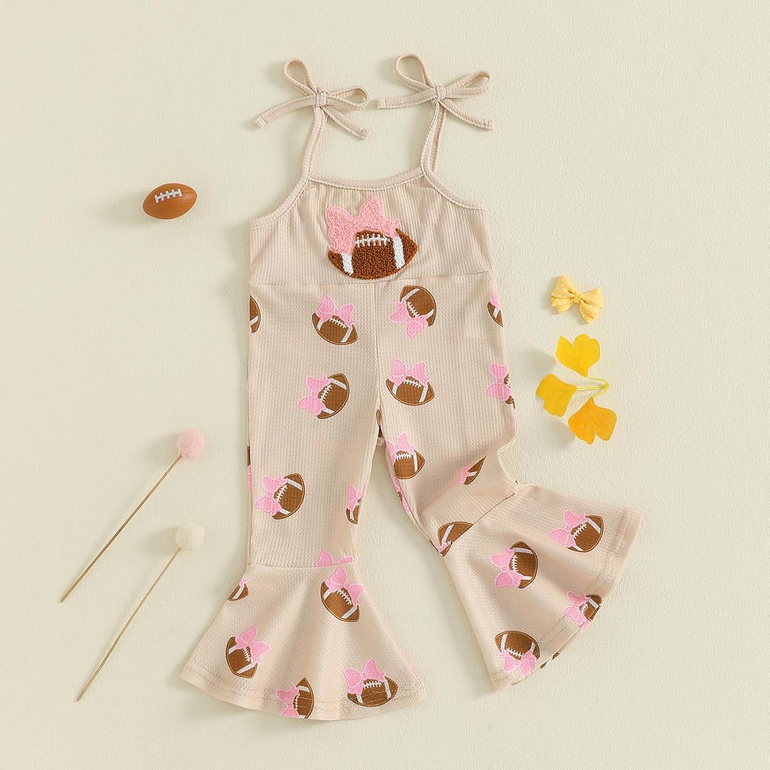 Toddler Baby Girl Football Outfit Bow Embroidery Spaghetti Strap Romper Bell Bottoms Jumpsuit One Piece Clothes - Image 8