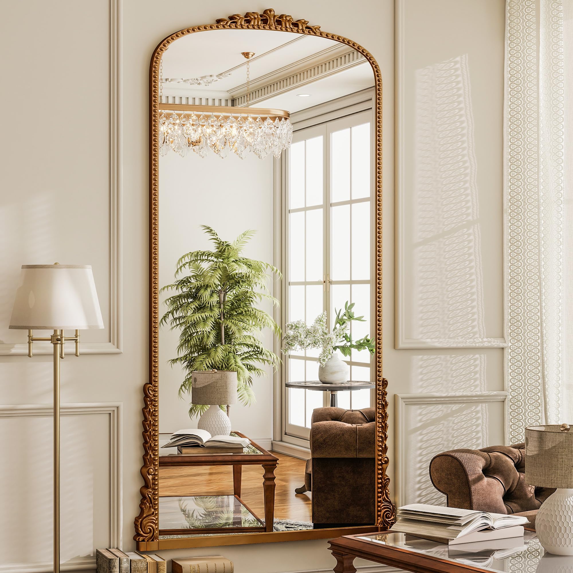BEAUTYPEAK 205x105 cm Bogenspiegel in voller Länge mit HD Glas, Groß Ganzkörperspiegel, Gold Rahmen aus PU-Kunststoff mit Retro-Prägung, XXL Spiegel für Schlafzimmer und Wohnzimmer