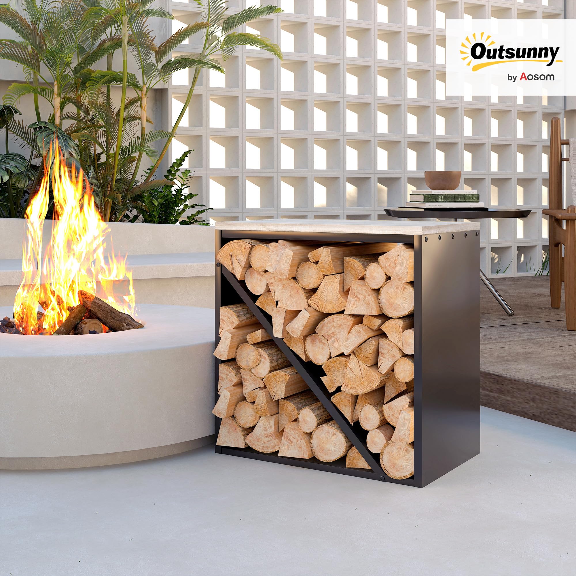 Outsunny 2-in-1 Kaminholzregal für innen erhöhtes 58 x 36 x 60cm Schwarz