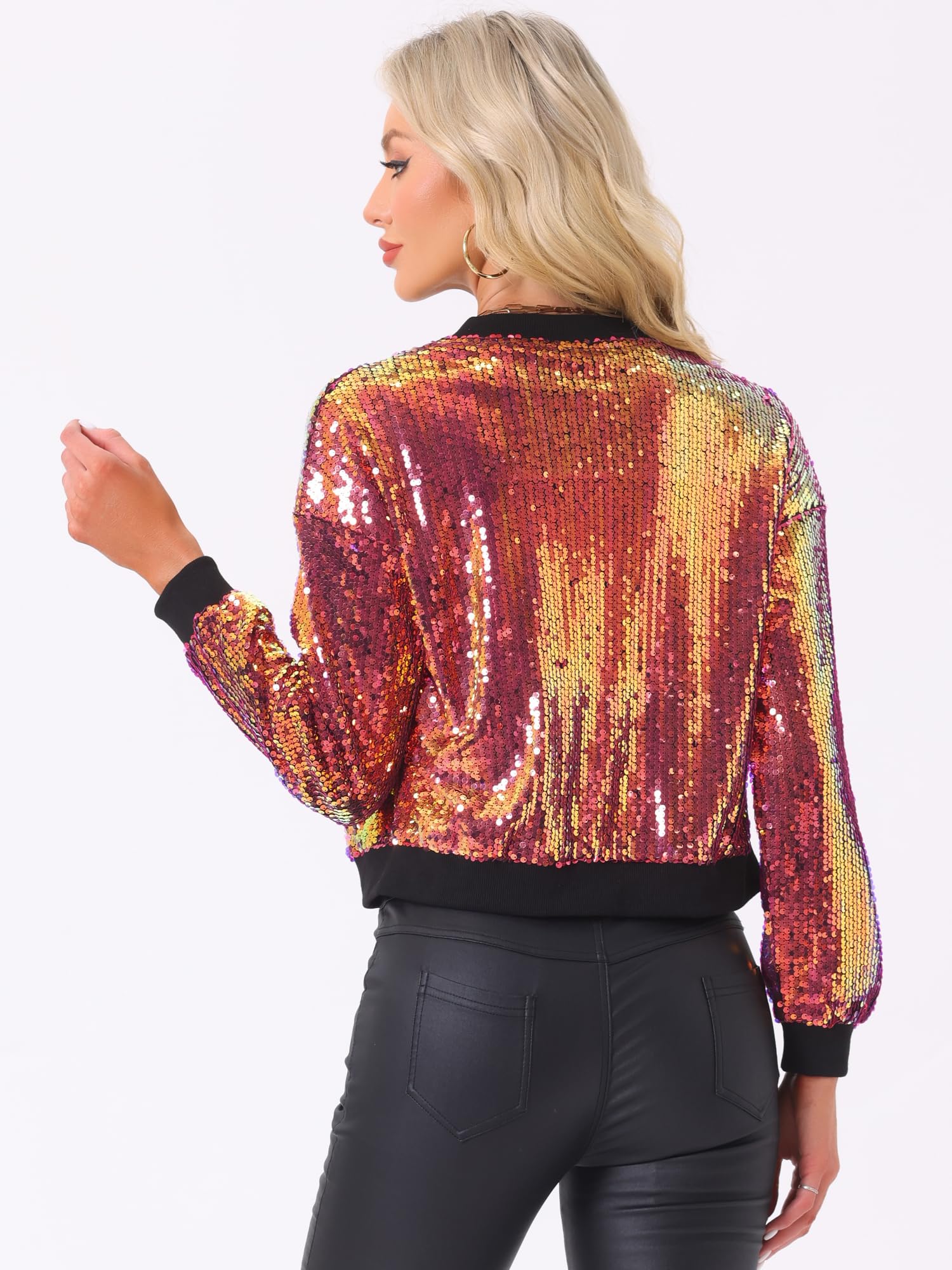 Allegra K Damen Glitzer Jacke Bomberjacke Pailletten Bomber Jacke Langarm Party Club Metallic Sequin Jacken