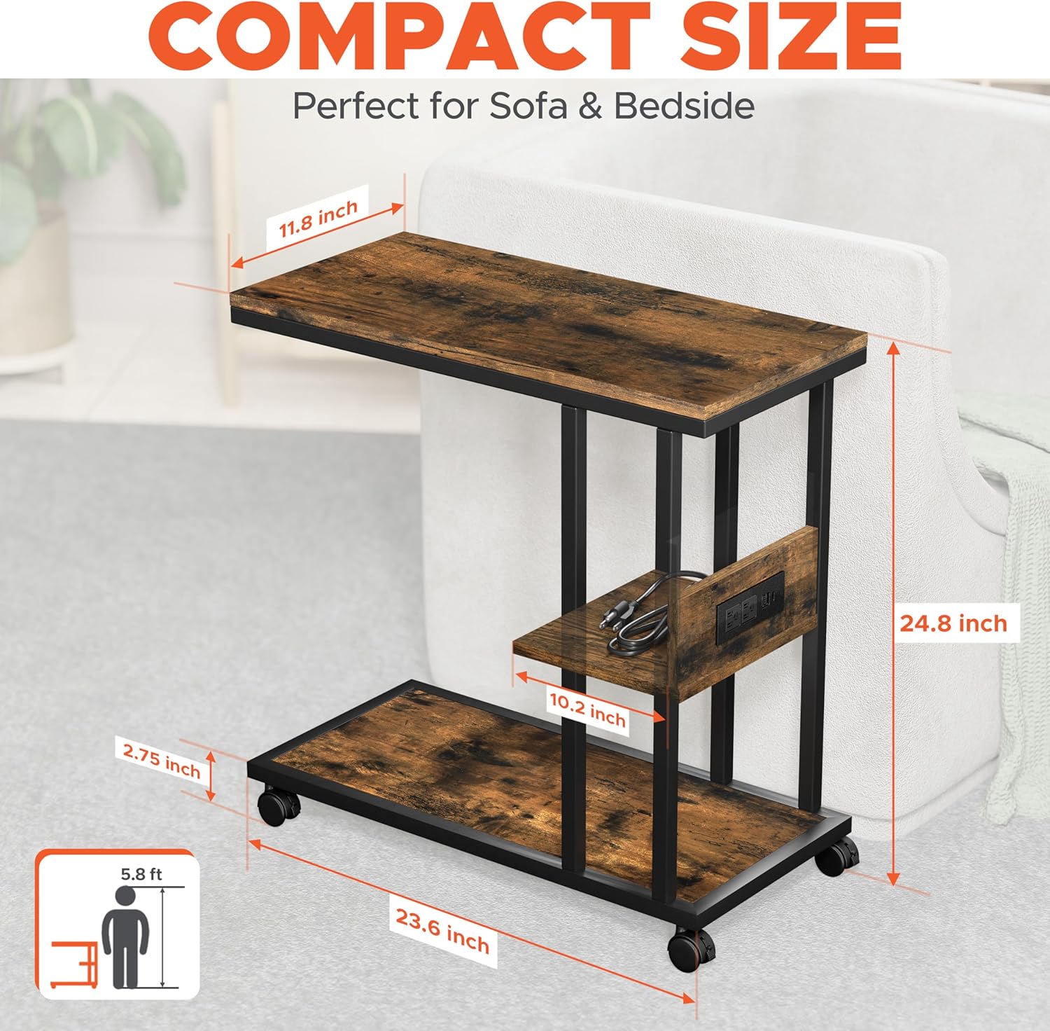 HOMESTEAD C Shaped End Table with Charging Station, USB C & A Ports, 2 Outlets, Rolling Side Table with Wheels for Couch, Living Room, Bedroom - 23.6" L x 11.8" W x 24.8" H