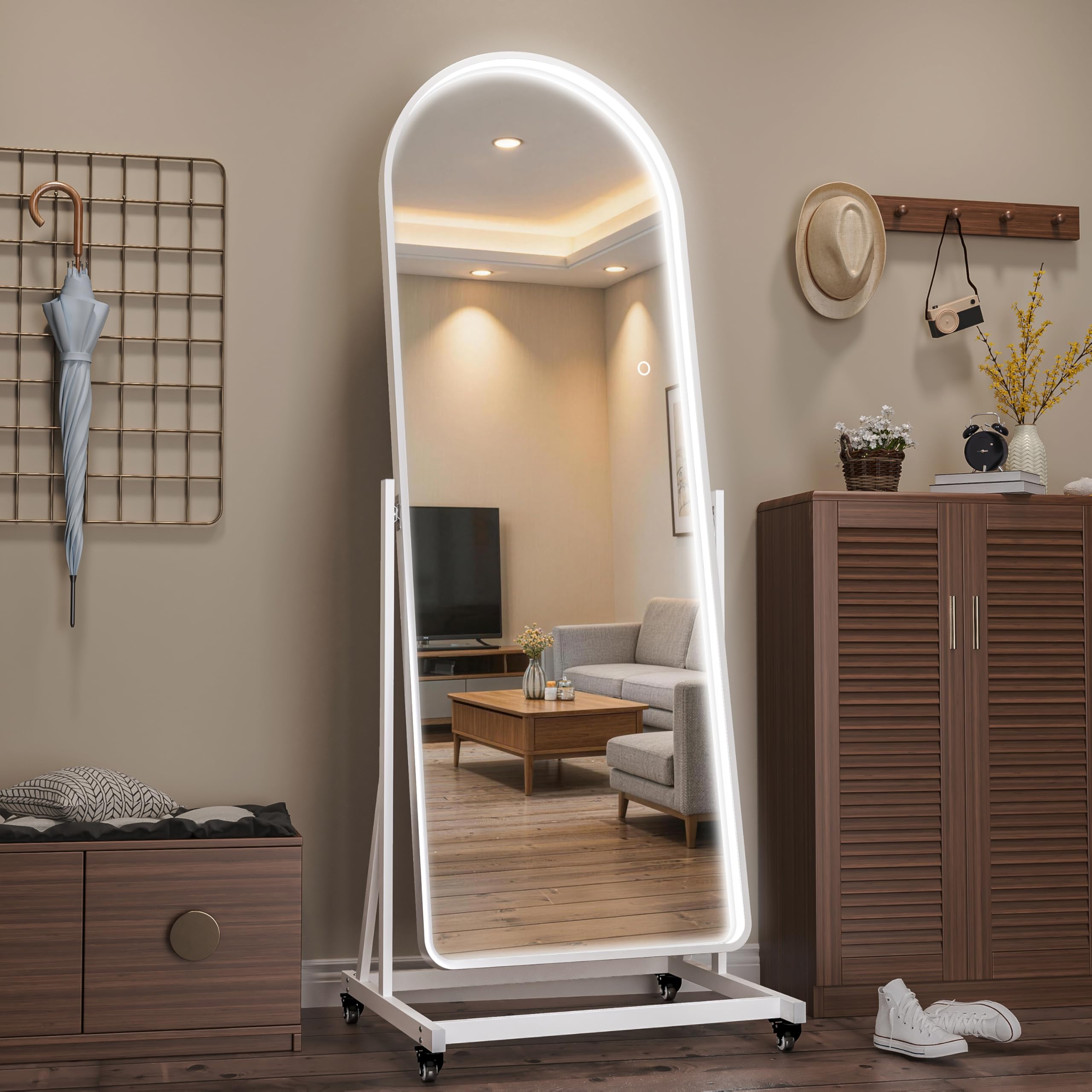 Photo 1 of WINNICE 65"x24" Arched LED Full Length Rolling Mirror on Wheels, Tilting Swivel Floor Mirror with Lights, 3 Color Temperatures & Adjustable Brightness for Bedroom, Dressing Room, Home Gym, Home Decor