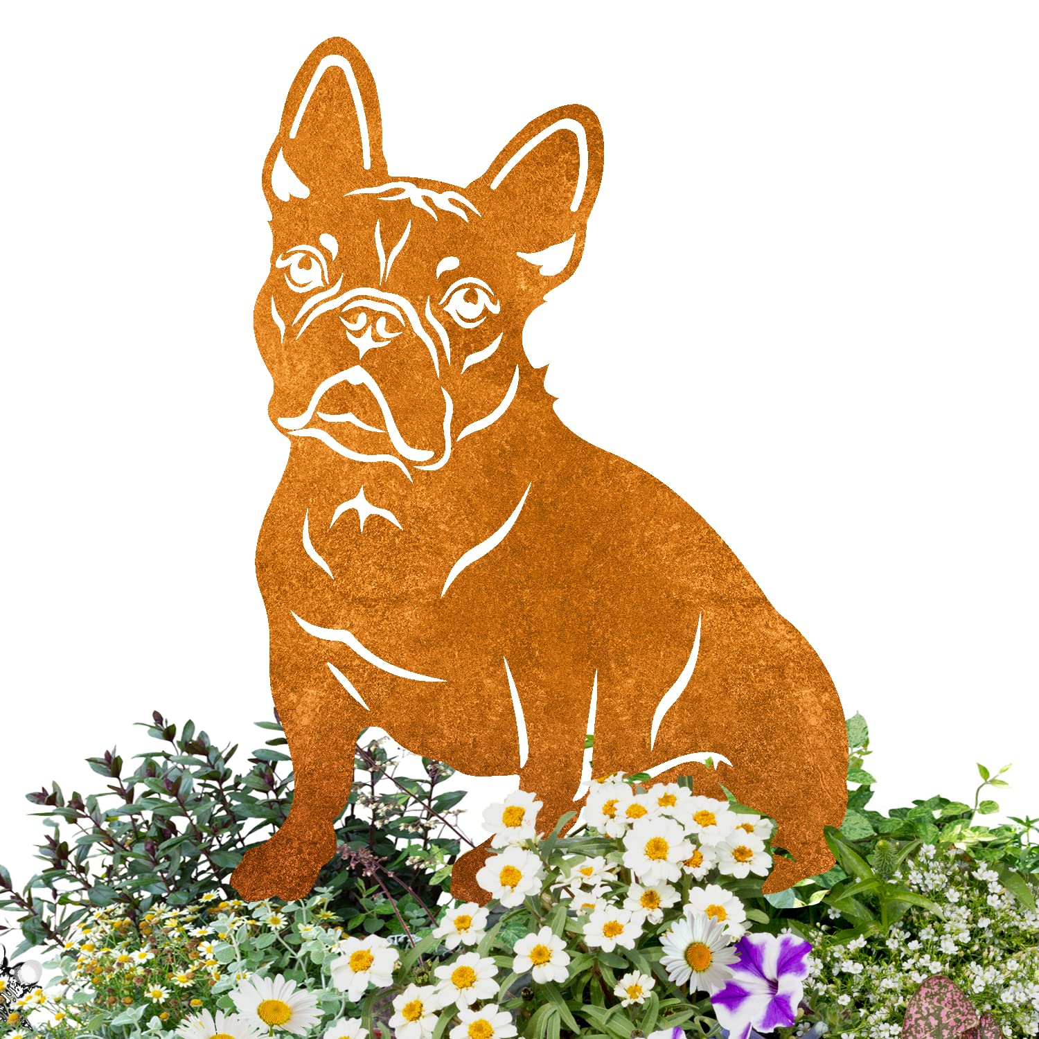 Terma Stahldesign Französische Bulldogge Gartenfigur Metall – Edelrost Hundedeko außen – Massive Rostfigur Gartendeko – Handmade in Germany