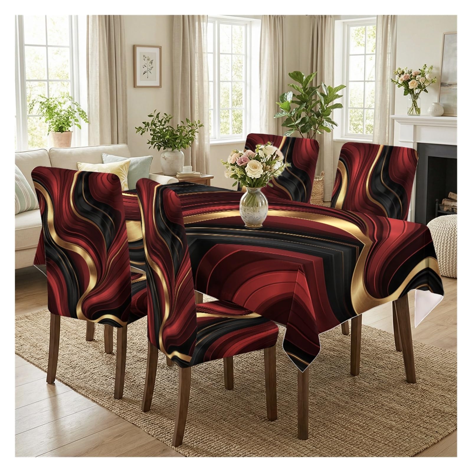 BOSUYBN Abstract Wave Dining Chair Covers With Tablecloth Set, 5/7 Piece Printed Chair Slipcovers For Modern Luxury Dining Setup Table Setting(5pcs Set: Tablecloth+Chair Covers)