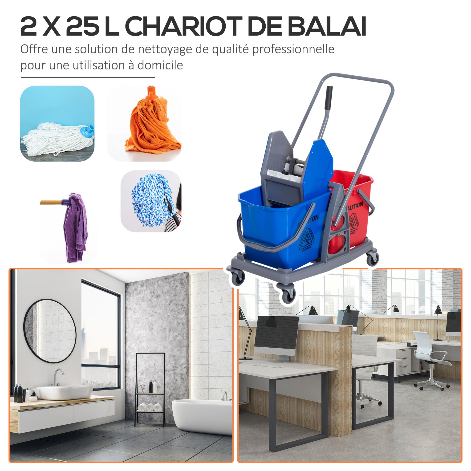 HOMCOM Chariot de Lavage Presse à Mâchoire 73x45x92cm Gris Bleu Rouge | Chariot de Nettoyage Professionnel, 2 Seaux 25 L, Plastique