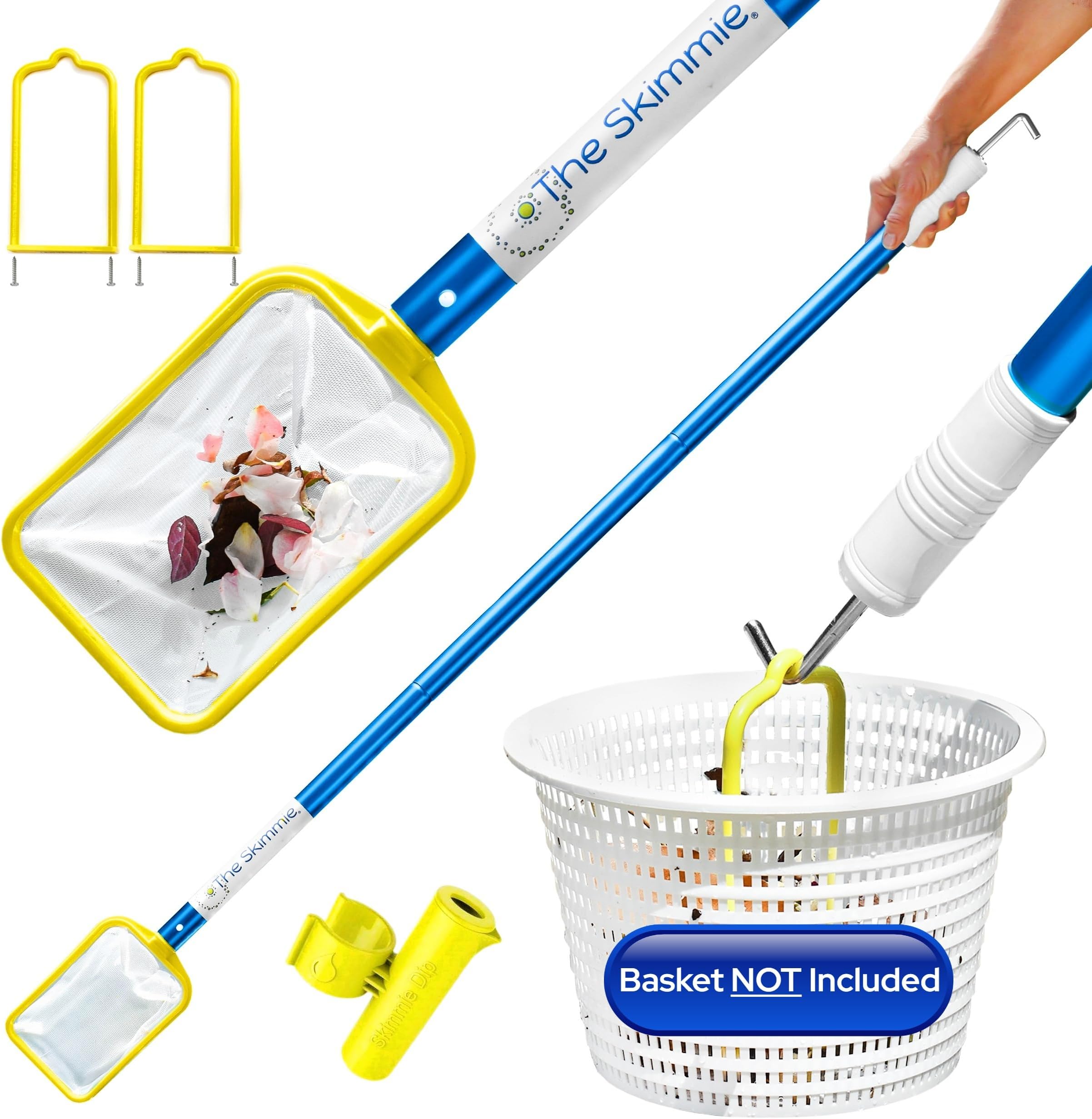 (Long Version) Pool Skimmer Net & Pole 53" with Stainless Steel Hook, Two Skimmer Basket Handles, Fine Mesh Net & Skimmie Dip - Hands-Free Removal of Debris, Bugs, Frogs, Small, Animals
