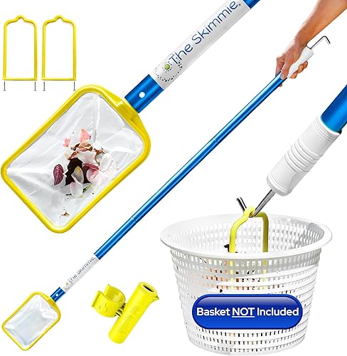 The Skimmie (Versión Larga) Red Recogehojas de Piscina y Poste de 53" con Gancho de Acero Inoxidable, Dos Asas de Cesta Recogehojas, Red de Malla