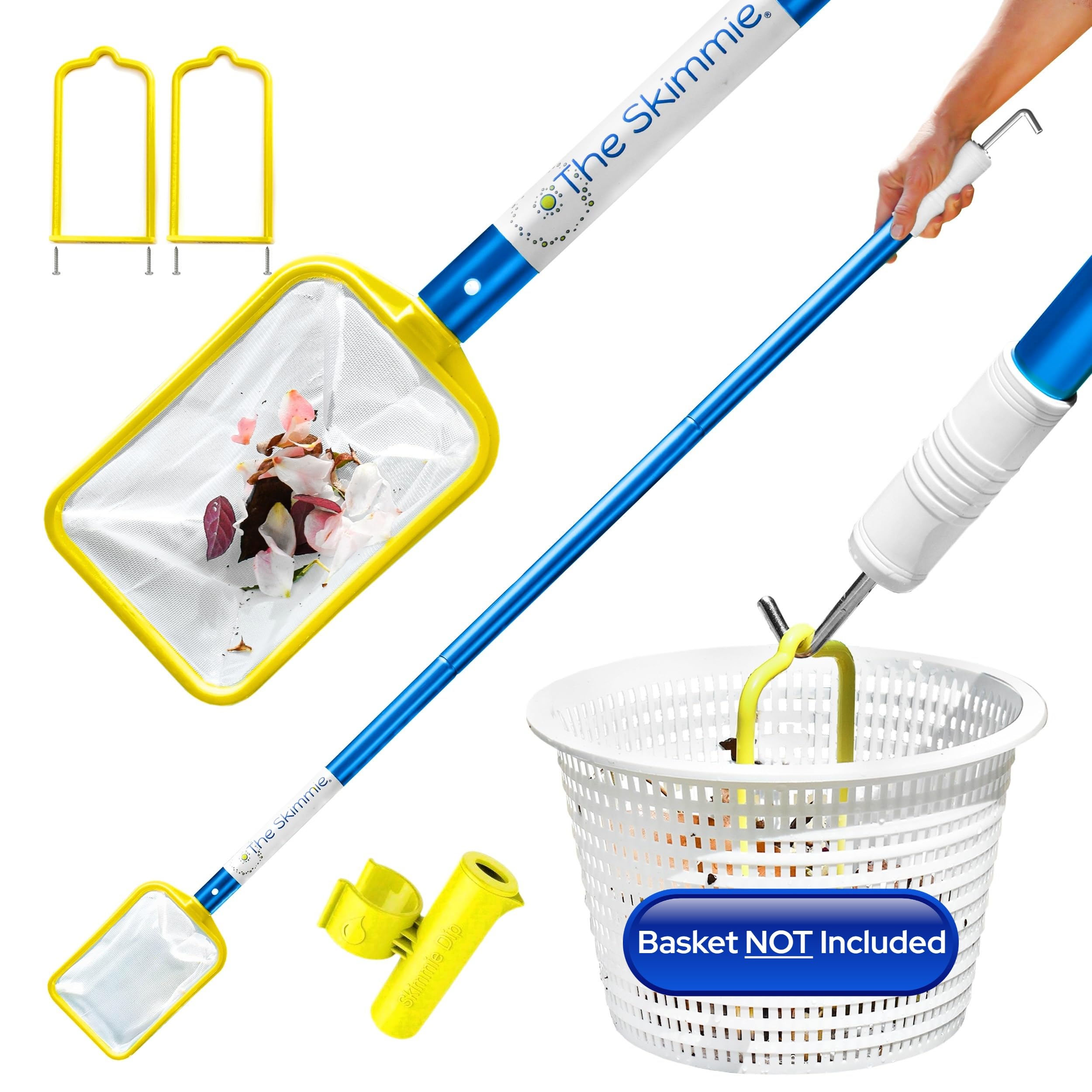 The Skimmie (Long Version) Pool Skimmer Net & Pole 53" with Stainless Steel Hook, Two Skimmer Basket Handles, Fine Mesh Net & Skimmie Dip - Hands-Free Removal of Debris, Bugs, Frogs, Small, Animals