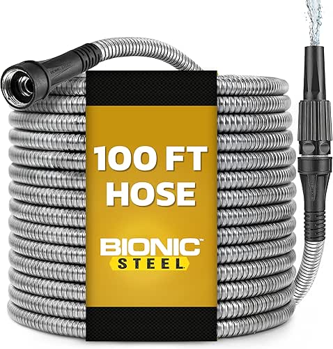 BIONIC STEEL 100 Ft Metal Garden Hose with Sprayer Nozzle,