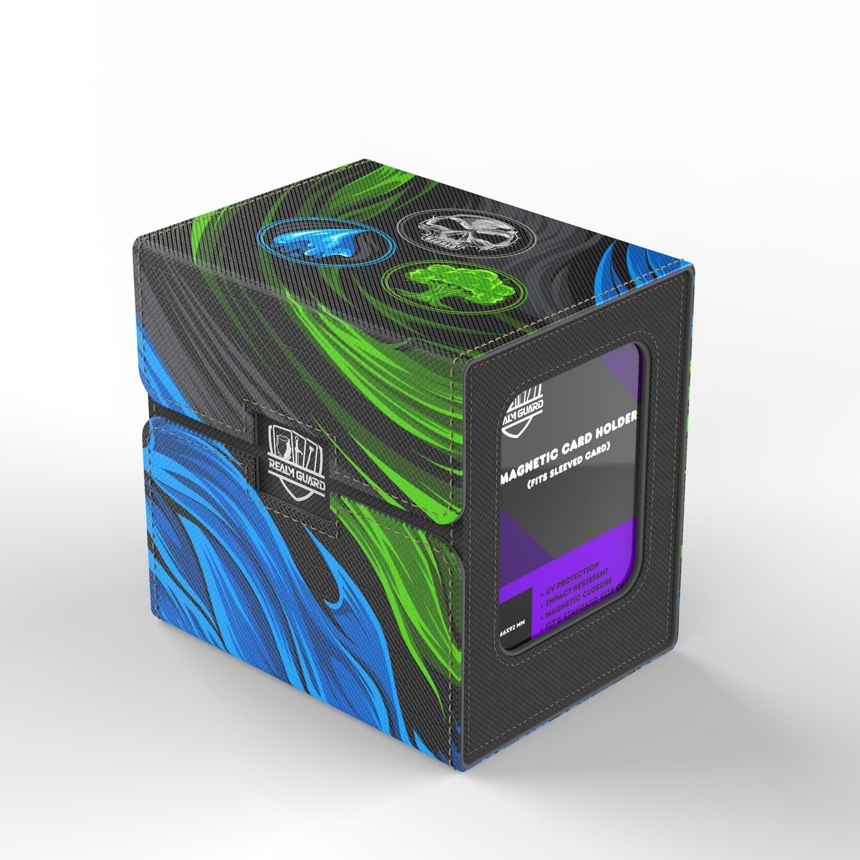 Realm Guard TCG/MTG Commander 100+ Card Art Deck Box With Storage (Black/Blue/Green)