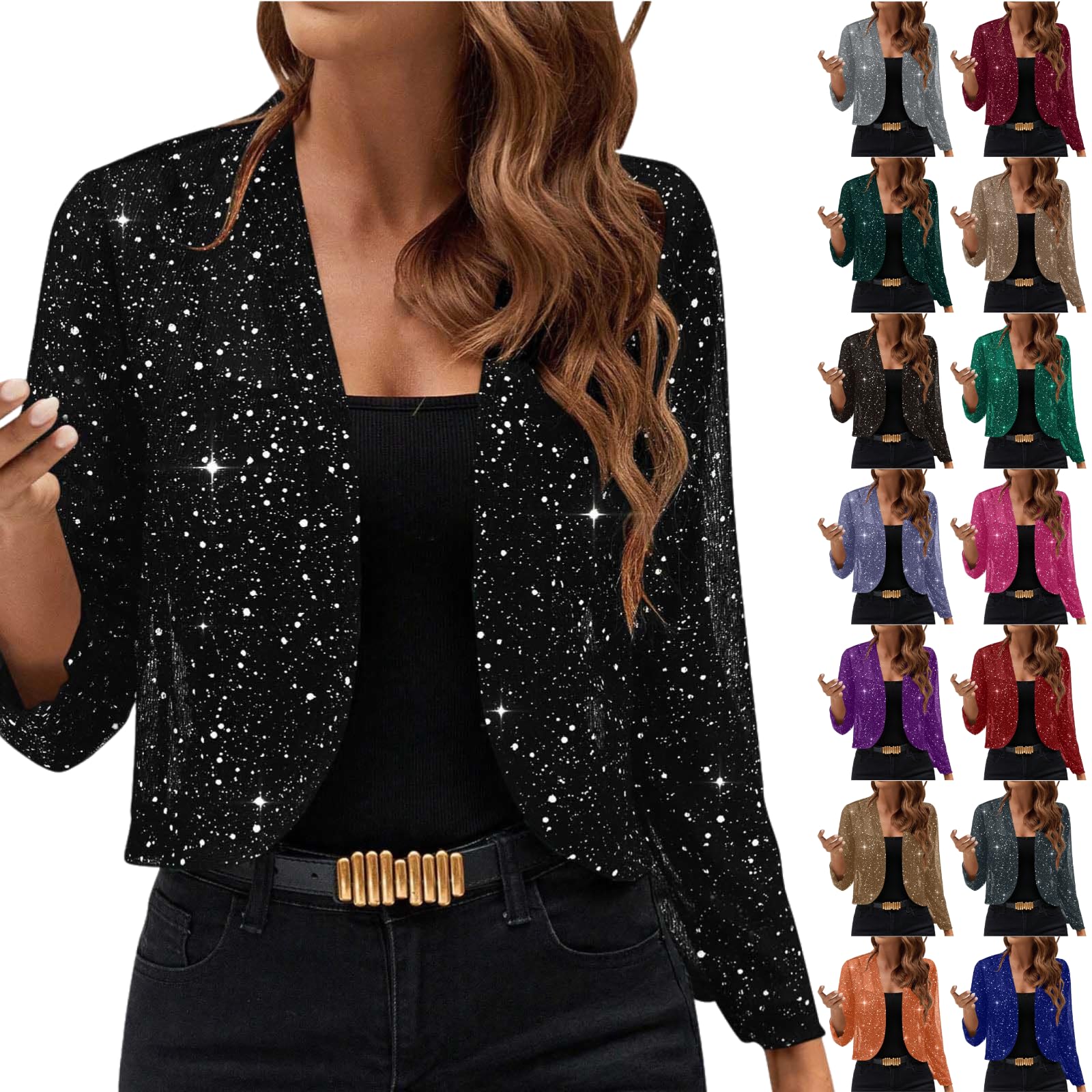 Womens Sequin Sparkly Cropped Cardigan Dressy Casual Shrugs for Evening Dresses Long Sleeve Open Front Shiny Jacket