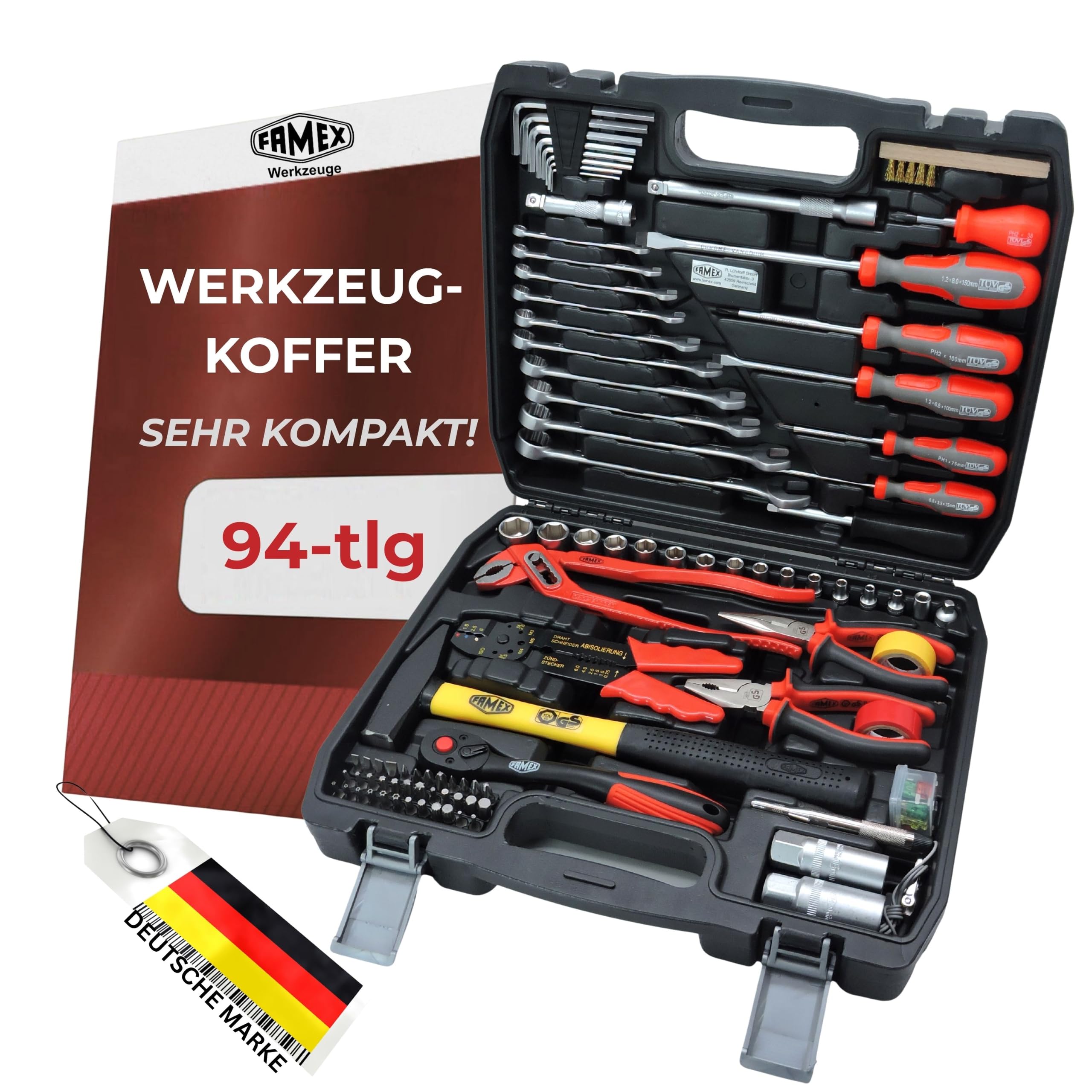 FAMEX 144-50 Werkzeugkoffer gefüllt bestückt mit hochwertigem Werkzeug Set - mit Steckschlüsselsatz, alle Schraubwerkzeuge Chrom-Vanadium, kompakt, ideal als Bordkoffer für Kfz Wohnmobil Camper
