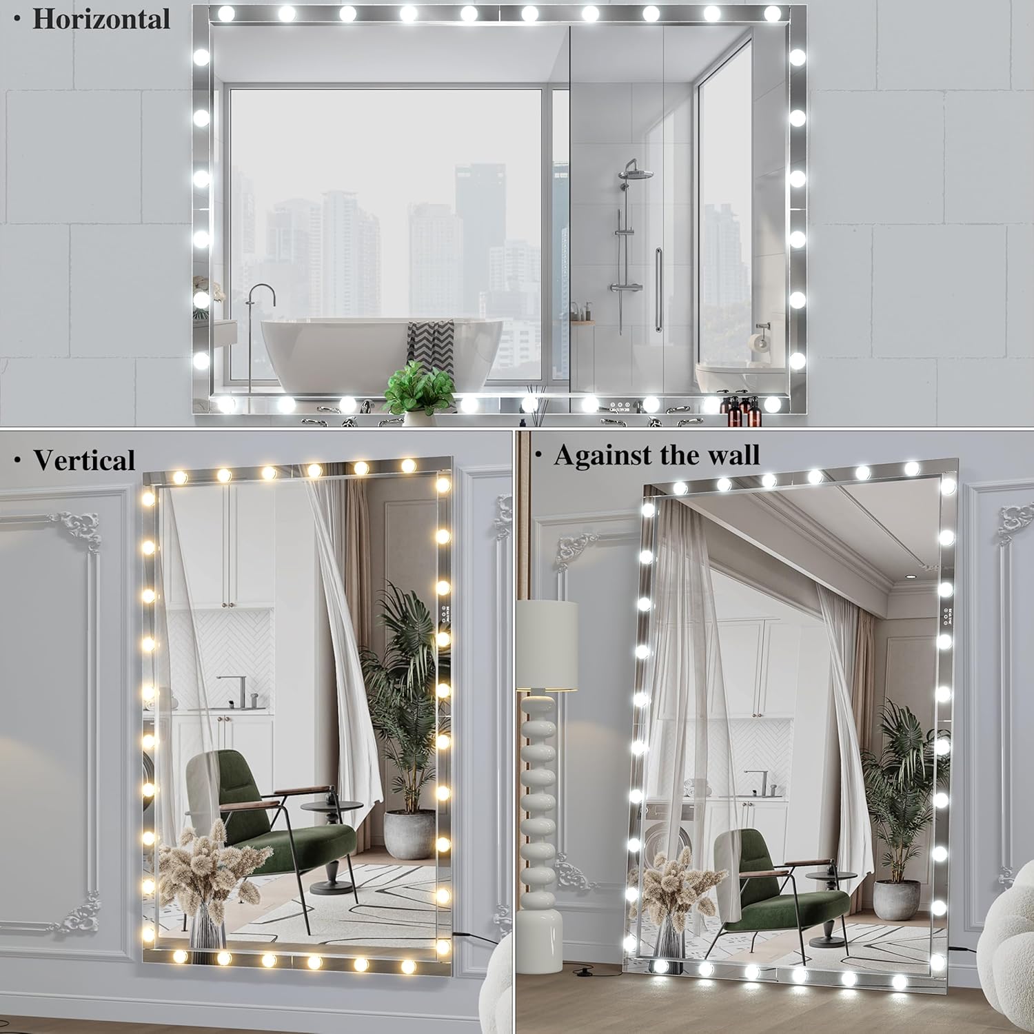 BEAUTME Full Length Mirror with Lights 72 x 48 Inch, Extra Large Full Body Mirror,Oversize Vanity Mirror,Wall Mounted/Lean Against The Wall,Bathroom Mirror with 32 Dimmable Bulbs(Silver)