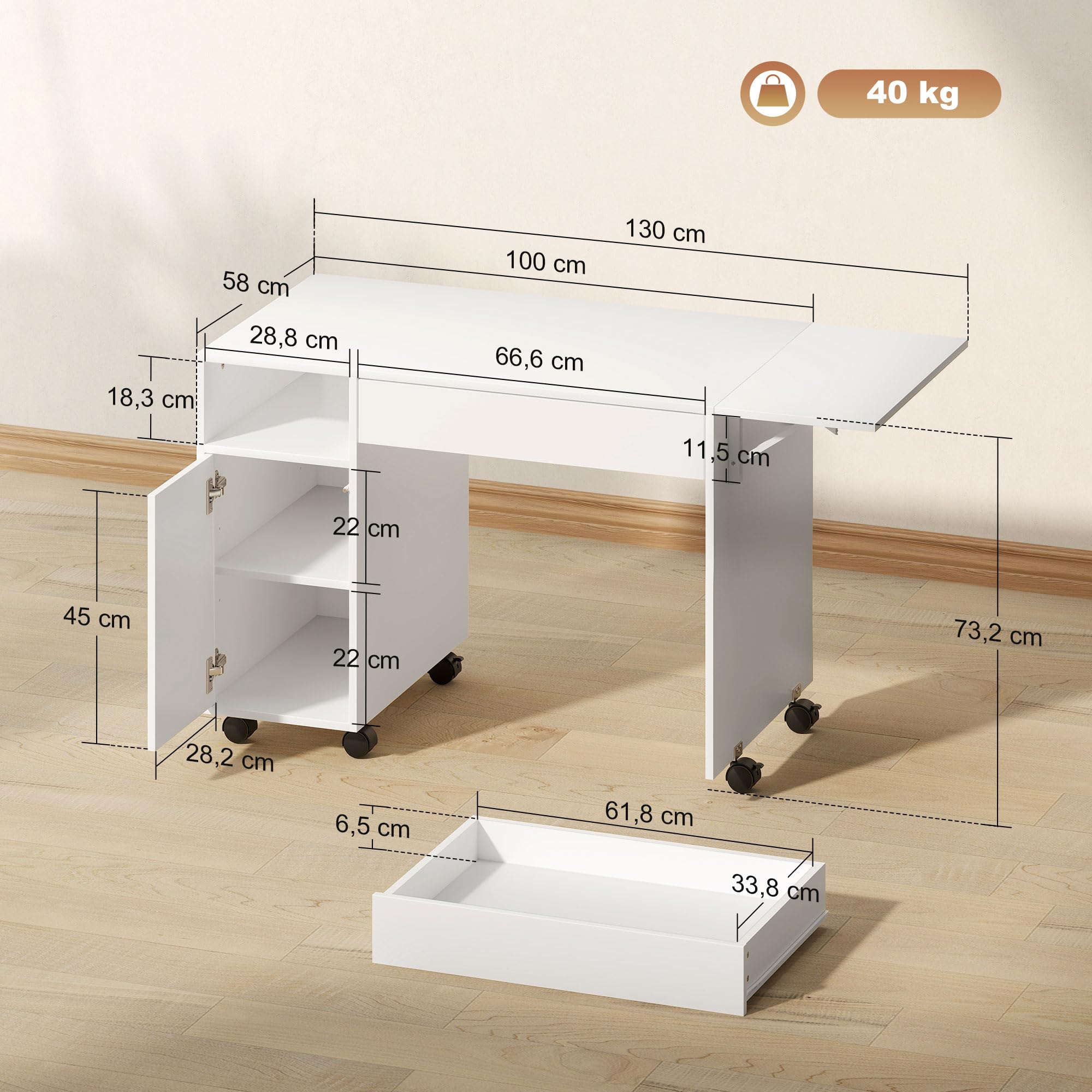 HOMCOM Escritorio Ordenador Plegable móvil sobre Ruedas 130x58cm Blanco | Escritorio con almacenamiento, cajón, estación de trabajo para espacios pequeños, dormitorio, sala de estar