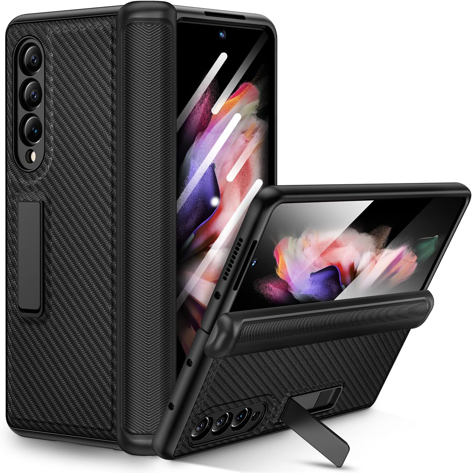 Ruky Kickstand Case for Galaxy Z Fold 3, Hinge Protection & Built-in Screen Protector, Full Body Cases PU Leather Stand Phone Case for Samsung Galaxy Z Fold 3 5G, Carbon Fiber