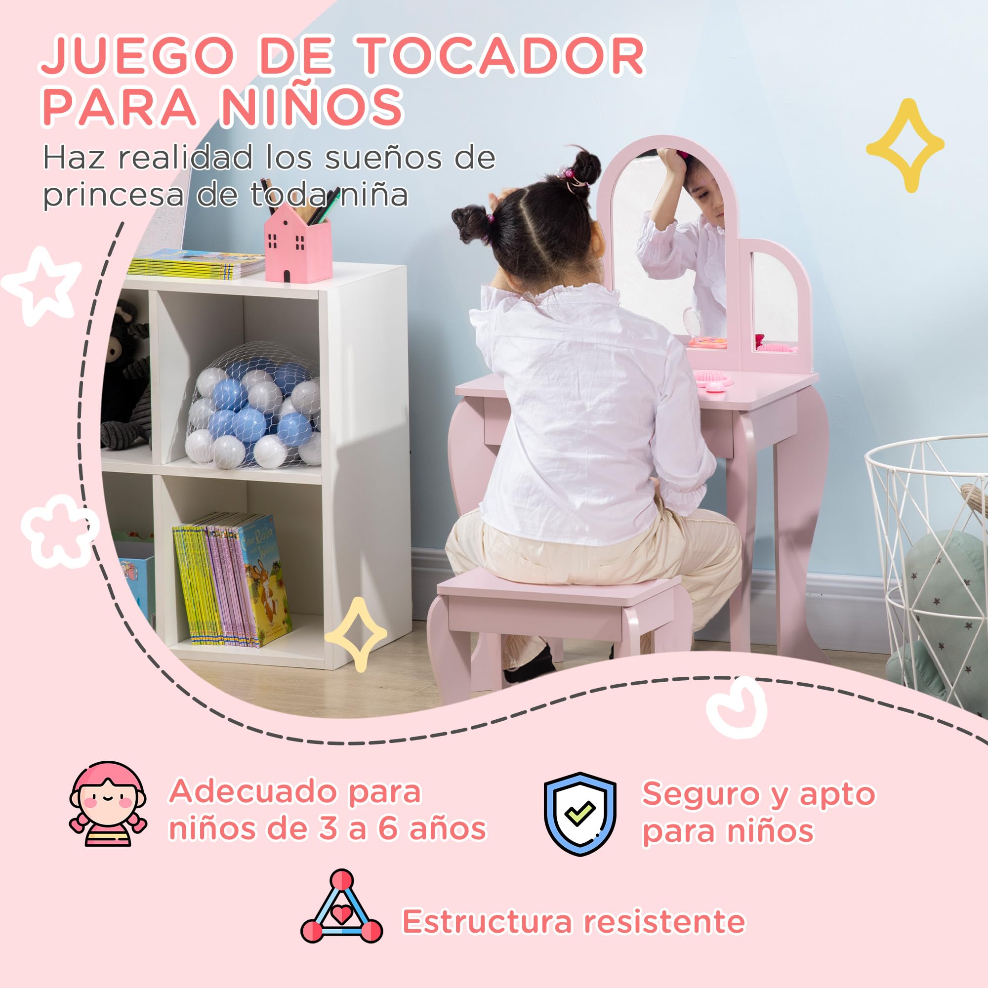 HOMCOM Tocador para Niña con Espejo y Taburete de Maquillaje de 3 a 6 Años, Infantil de Madera con Cajón Rosa