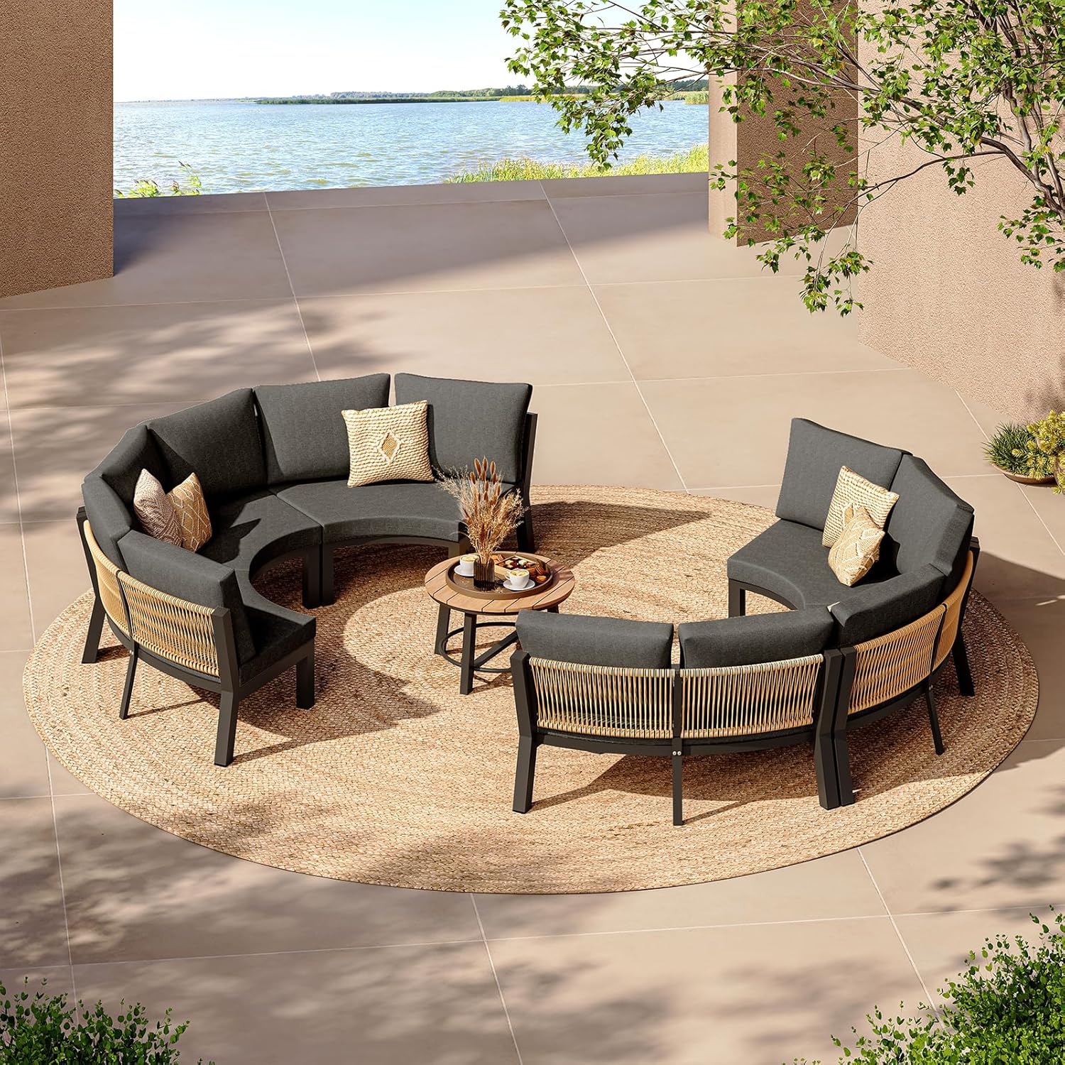 Outdoor Aluminum Patio Furniture Set, 7 Piece Curved Outdoor Sectional Sofas with Coffee Table, PE Rope Patio Conversation Sets, All-Weather Patio Couch Sets with Cushions, Graphite