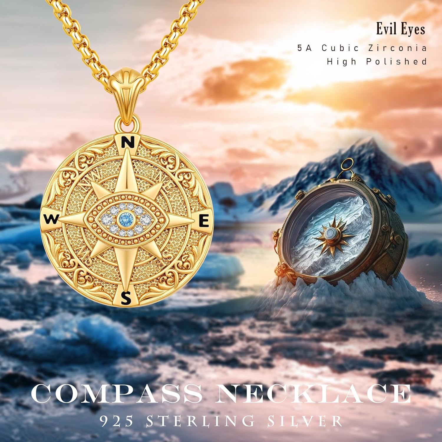 Anchor/Evil Eye Compass Graduation Necklace 925 Sterling Silver Compass Nautical Pendant Necklace with CZ Navy Sailor Medal Sigil Amulet Travel Jewelry for graduates