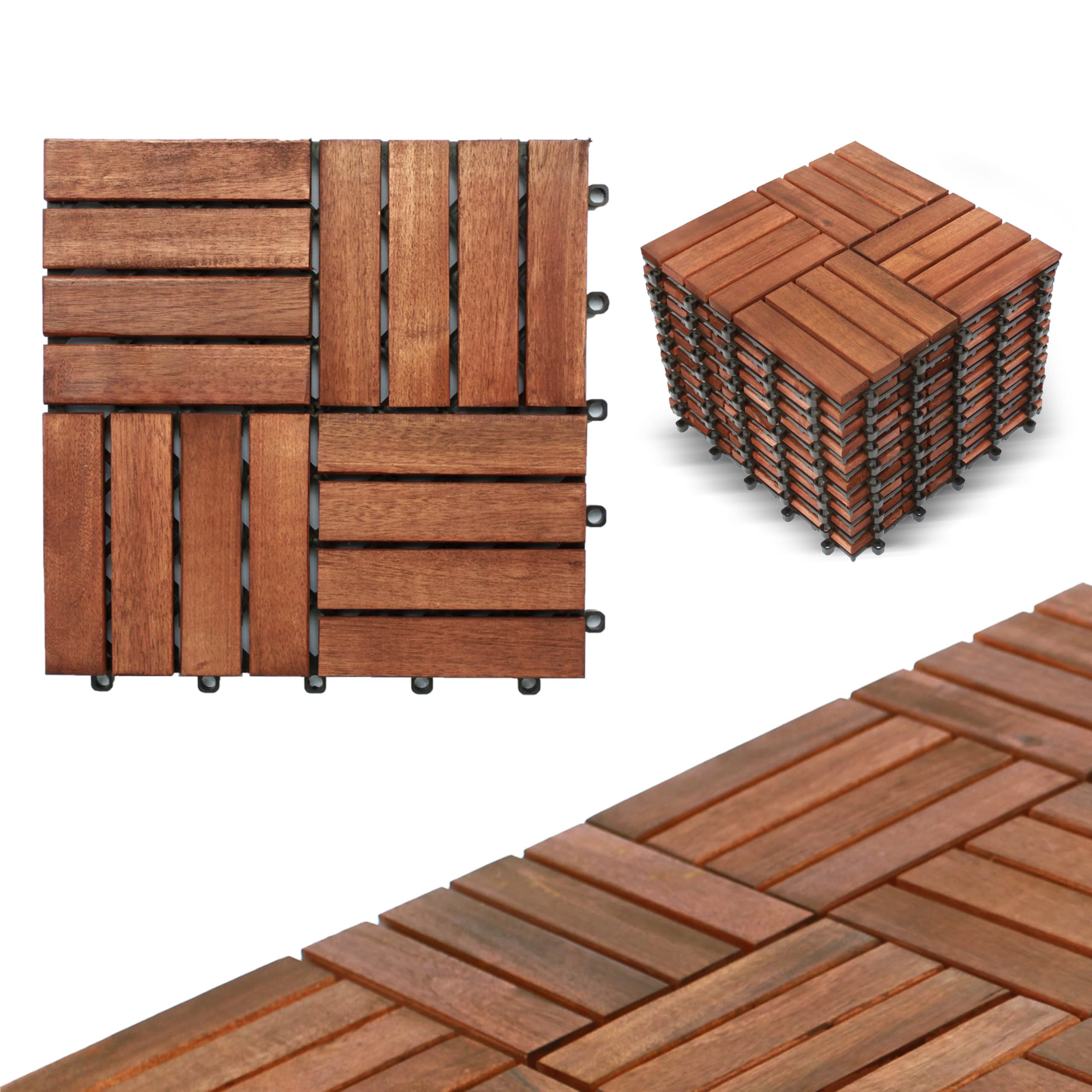 10 PCs Interlocking Wood Deck Tiles, 12x12 inches Waterproof Wooden Patio Floor Tiles for Indoor and Outdoor, Easy Snap Flooring, Balcony, Garden, Walnut