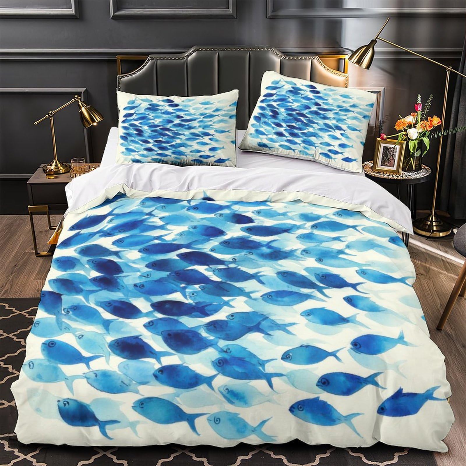 Parure de lit microfibre 140x200 housse de couette banc de poissons bleus imprimé 3D