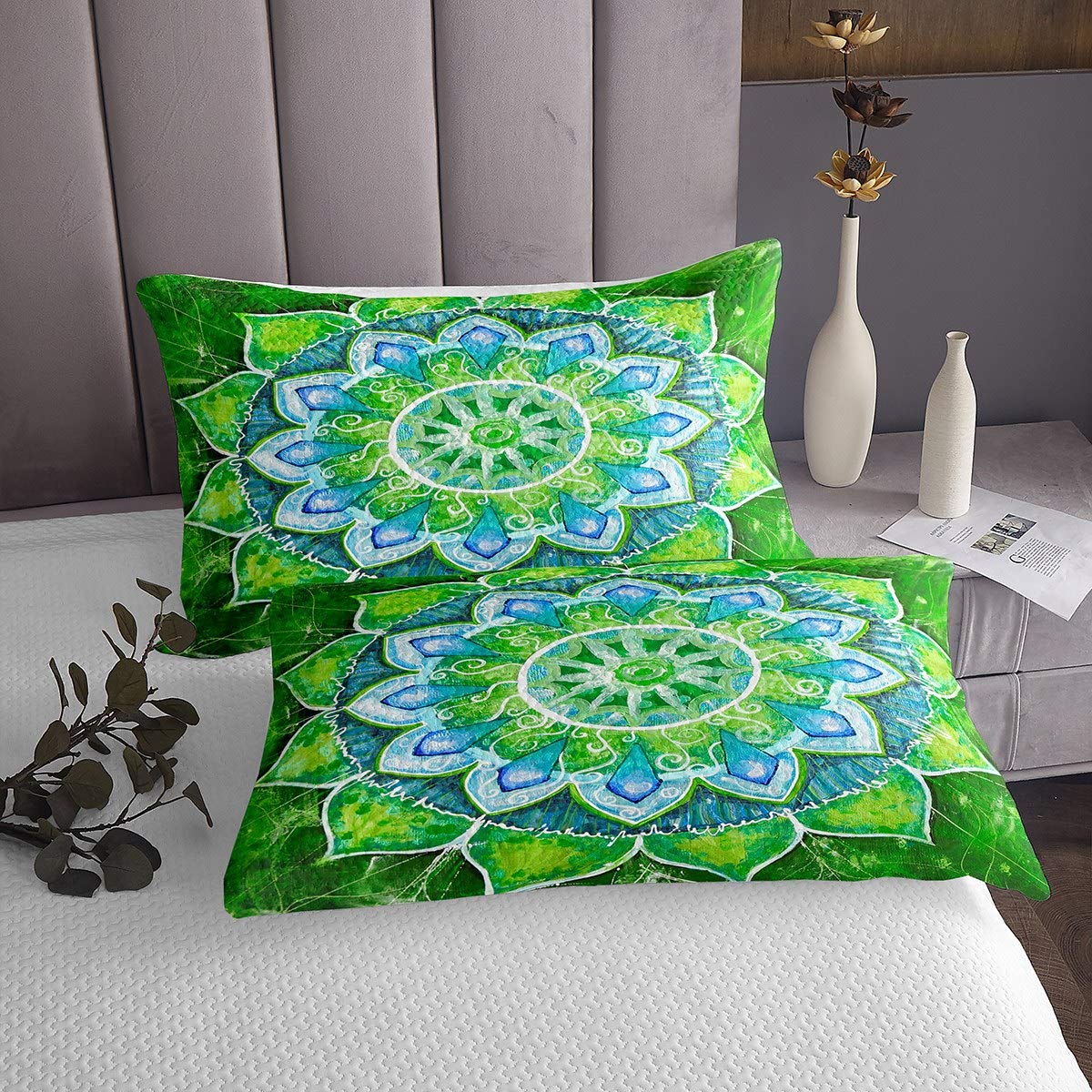 Tbrand Juego de Boho Mandala Estilo Bohemio para niños,niñas,Verde y Azul Hippie Mandala Acolchado,Floral exótica con Hojas botánicas,King