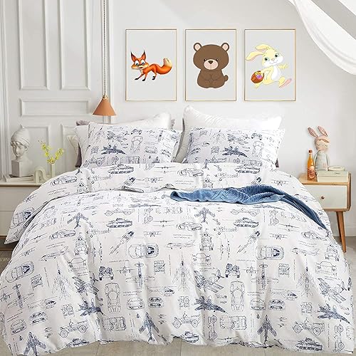 KAREVER - Juego de edredón de avión, tamaño Queen, juego de cama blanco de caricatura, con estampado de tanque, avión y automóvil, para adolescentes