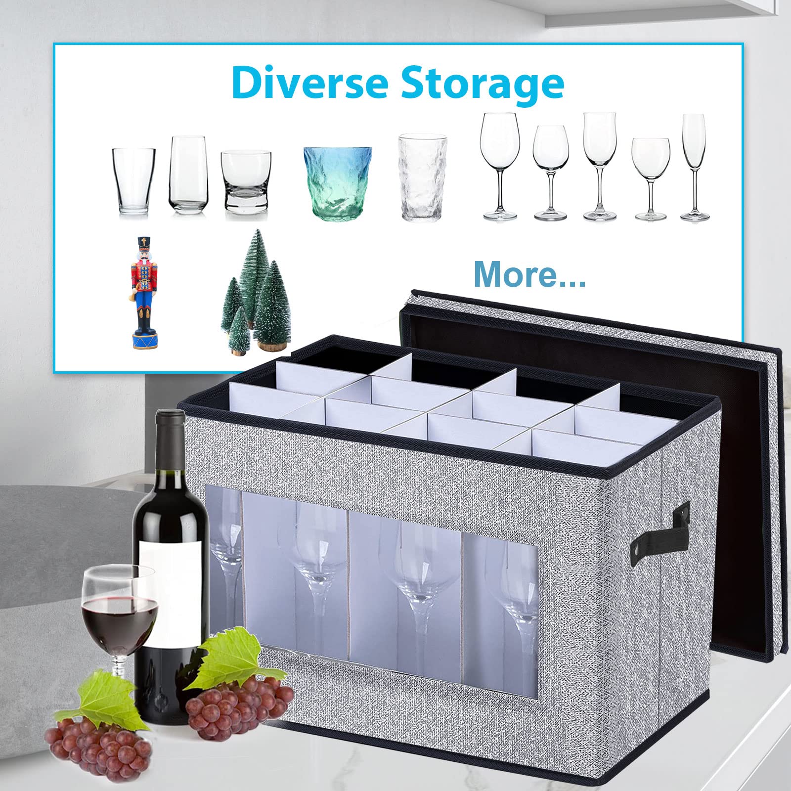 Stielglas-Aufbewahrungsboxen mit Trennwänden, Weinglas-Aufbewahrungsbox, Hartschale, stapelbar, für 12 Weingläser, Umzugskartons (weiß und schwarz)