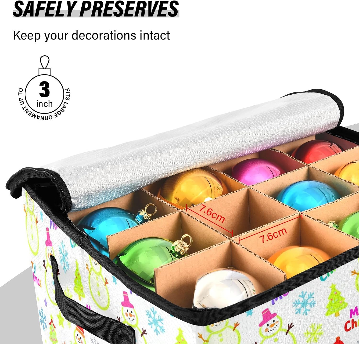 High Capacity Christmas ornament storage bag Holds Up to 64, Adjustable Dividers stackable Holiday Storage Case with Lid,Christmas Snowman and Santa Green and White